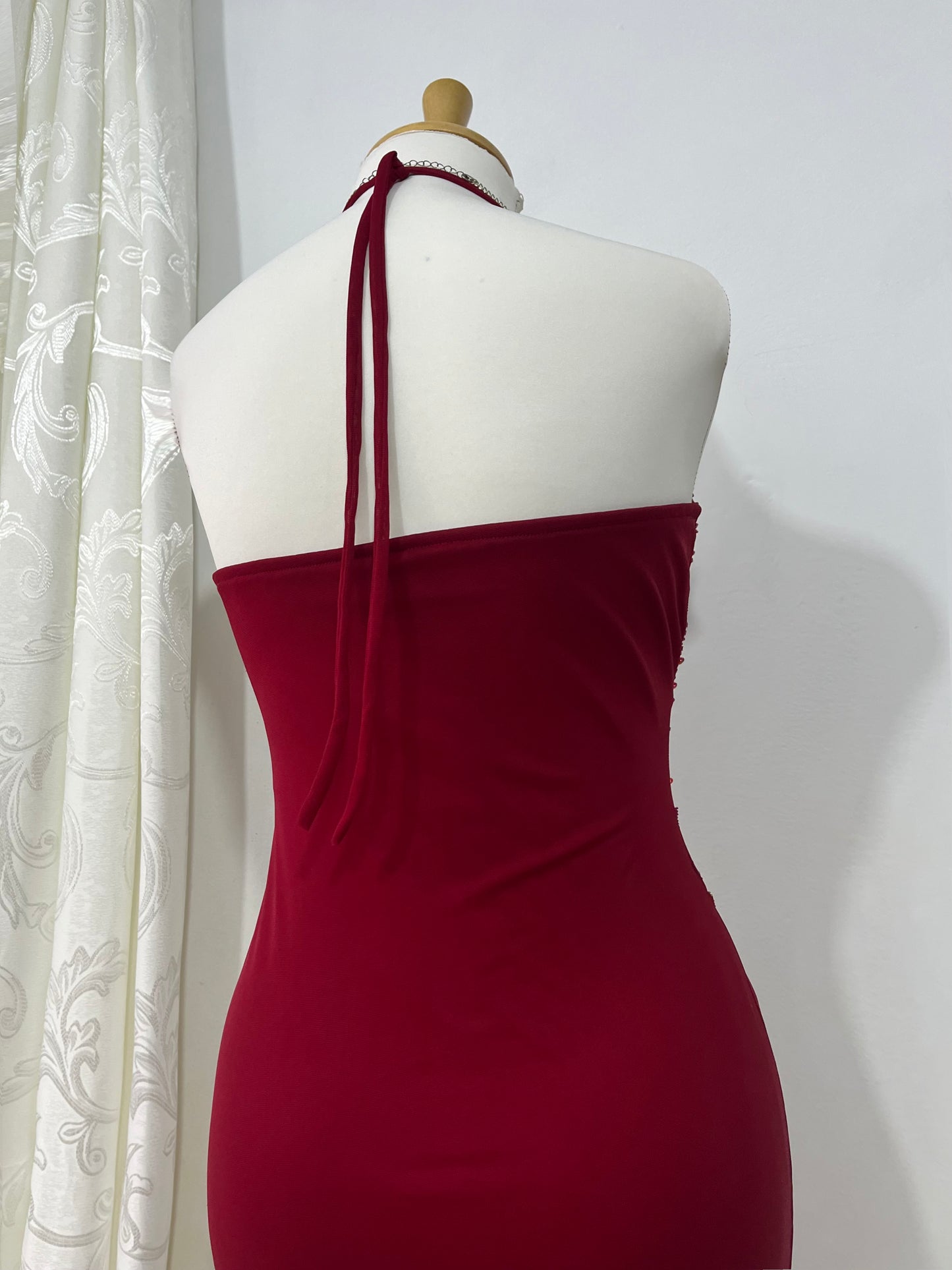 Red dress with rhinestone and fine sequin embroidery