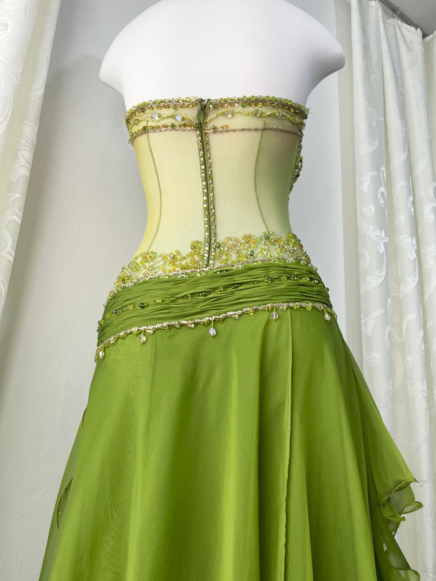 Dreamy fairy olive green dress with rhinestone and bead embroidery