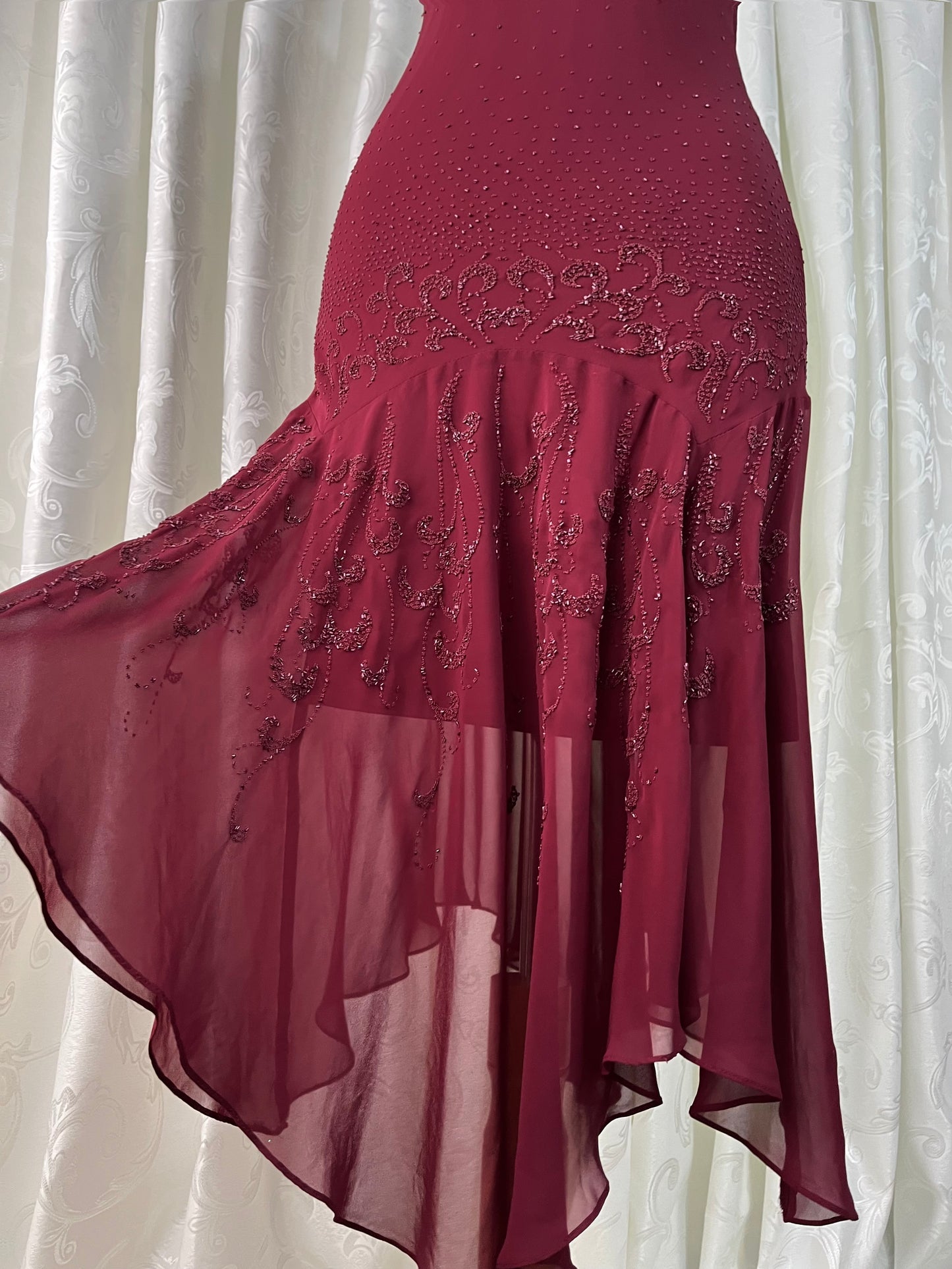 Burgundy gown dress with intricate designs and embroidery on the bodice and skirt - Size XL