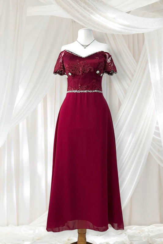 Burgundy corset gown dress with embellishment and pearls