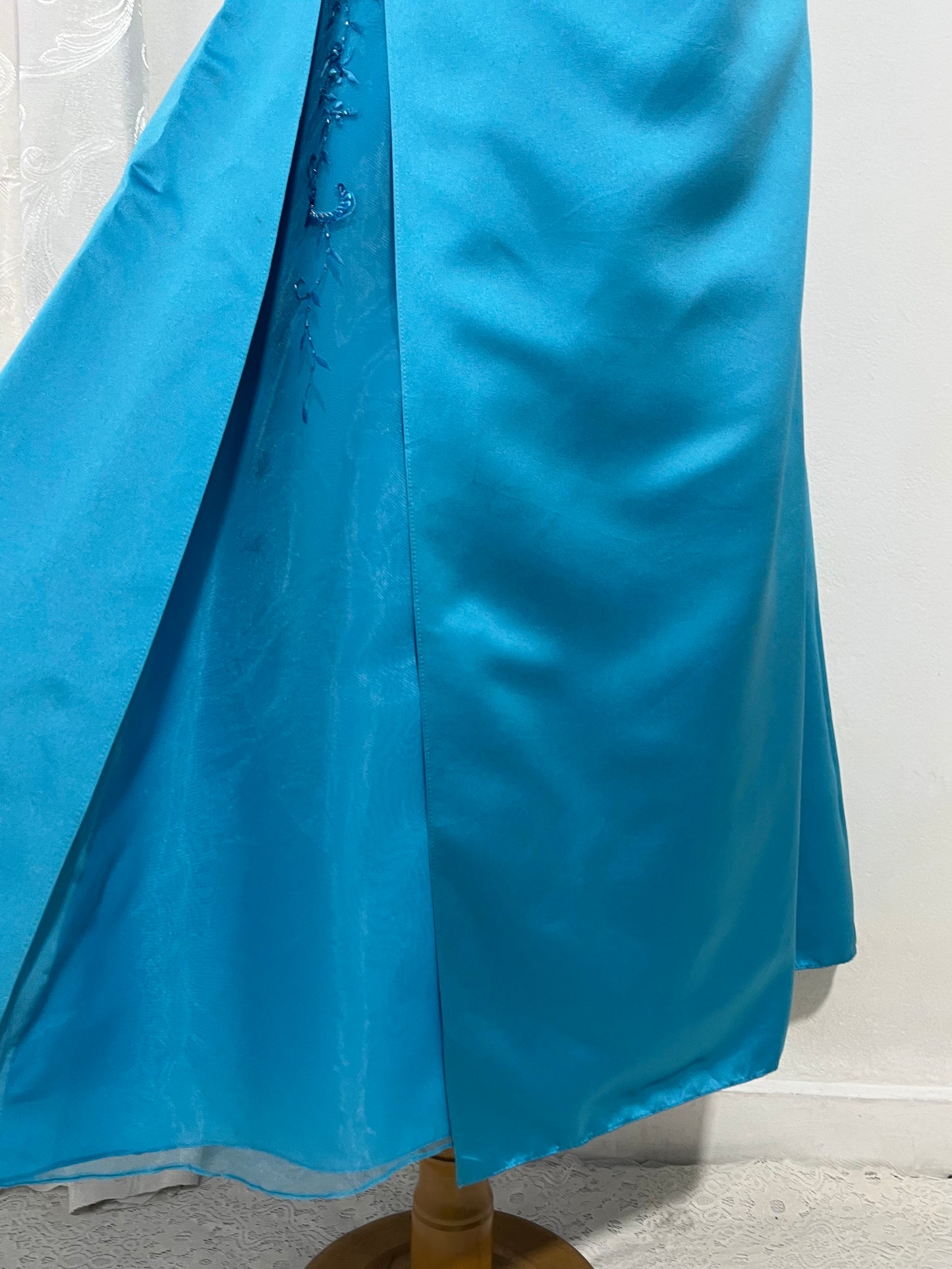Turquoise sweetheart neckline gala gown with floral embellishments and asymmetric draped detail - size M