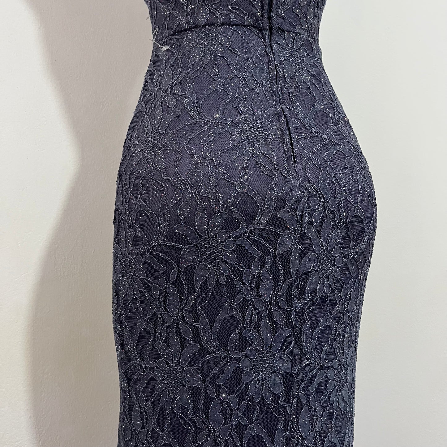 Lace maxi dress with silver appliqués, mermaid cut, beaded embroidery on the bodice, and a side slit- size S