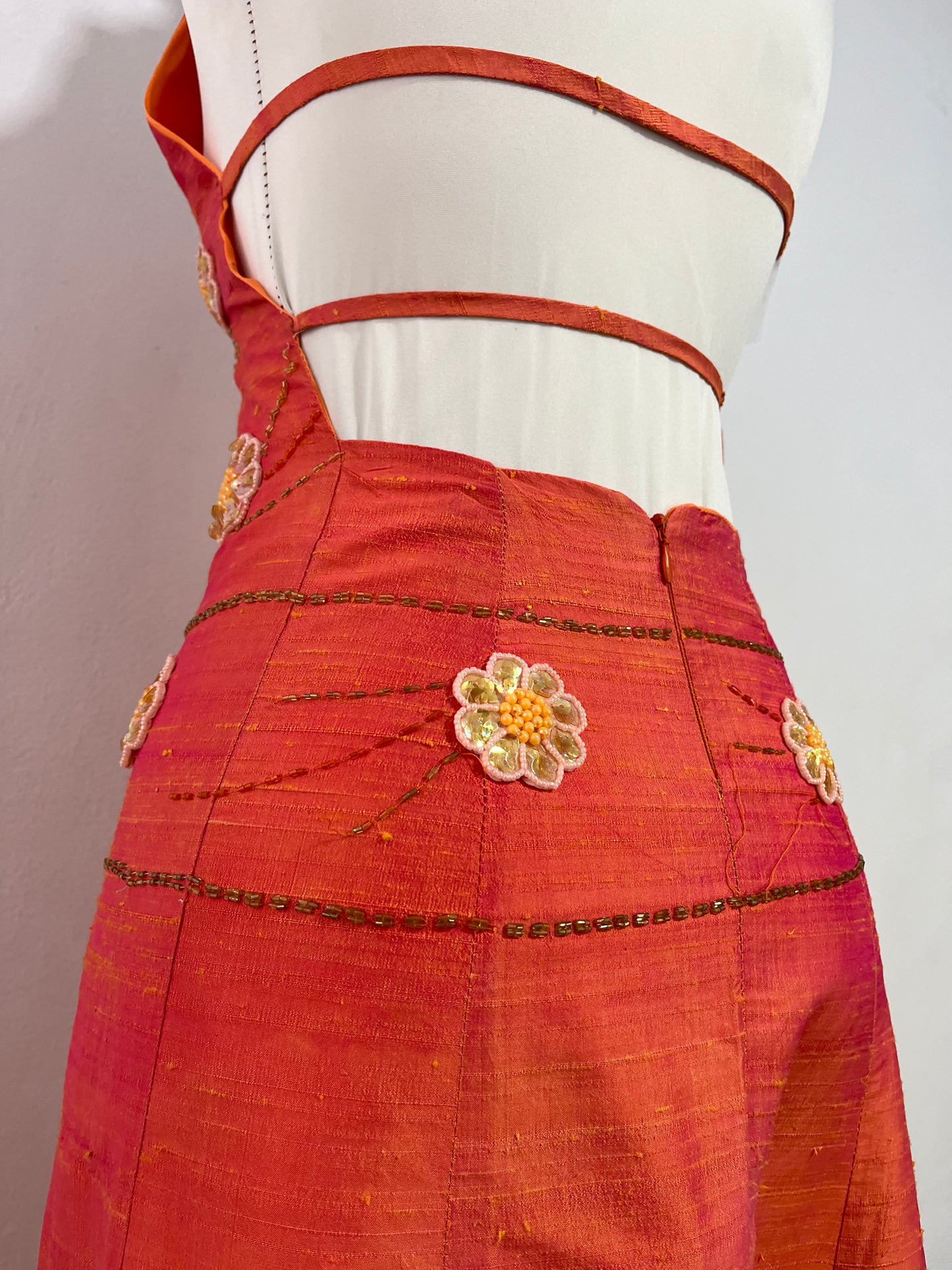 Vintage iridescent halter dress in silk shantung with rhinestone, sequin, and embellishment embroidery- size XS