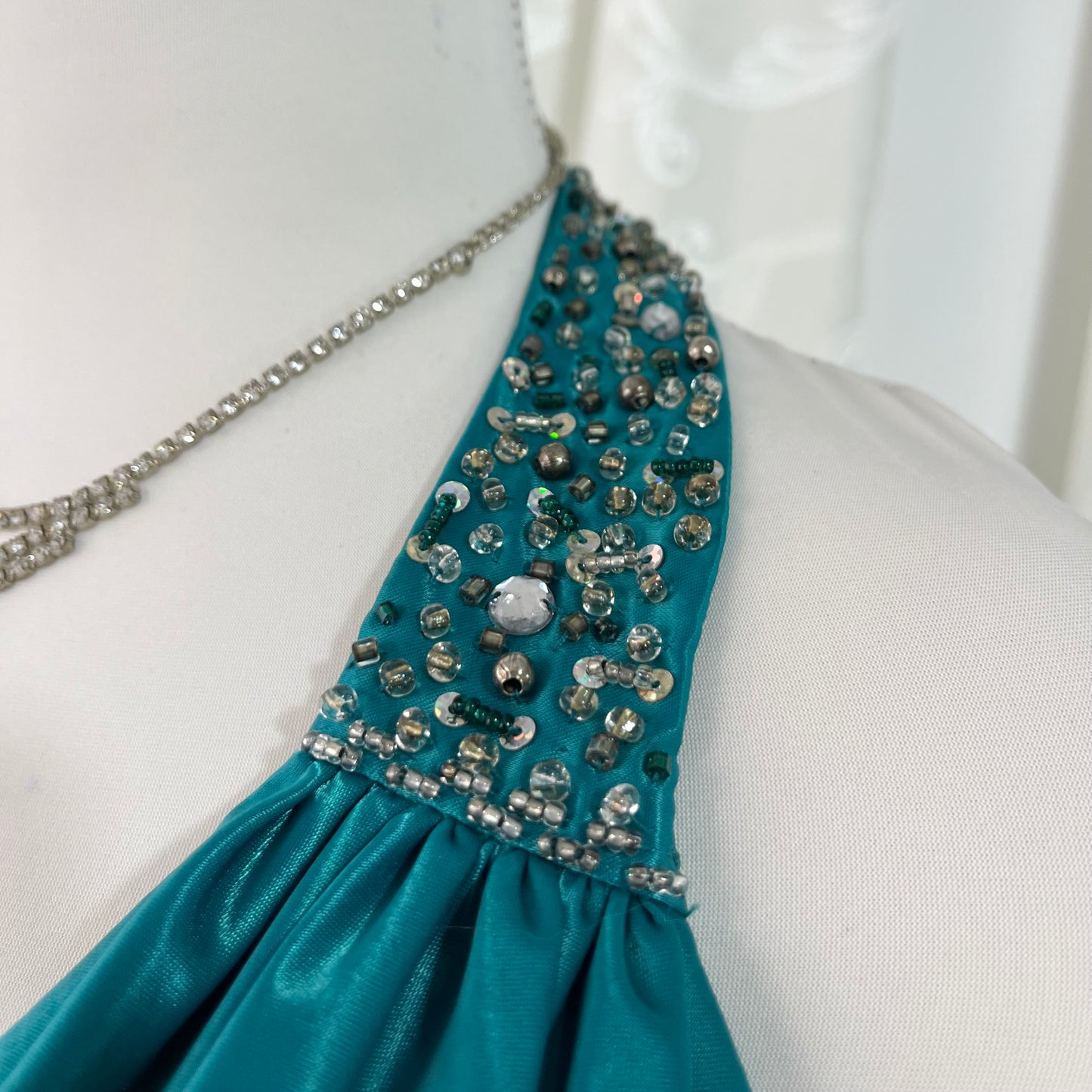 Teal satin beaded corset mini dress