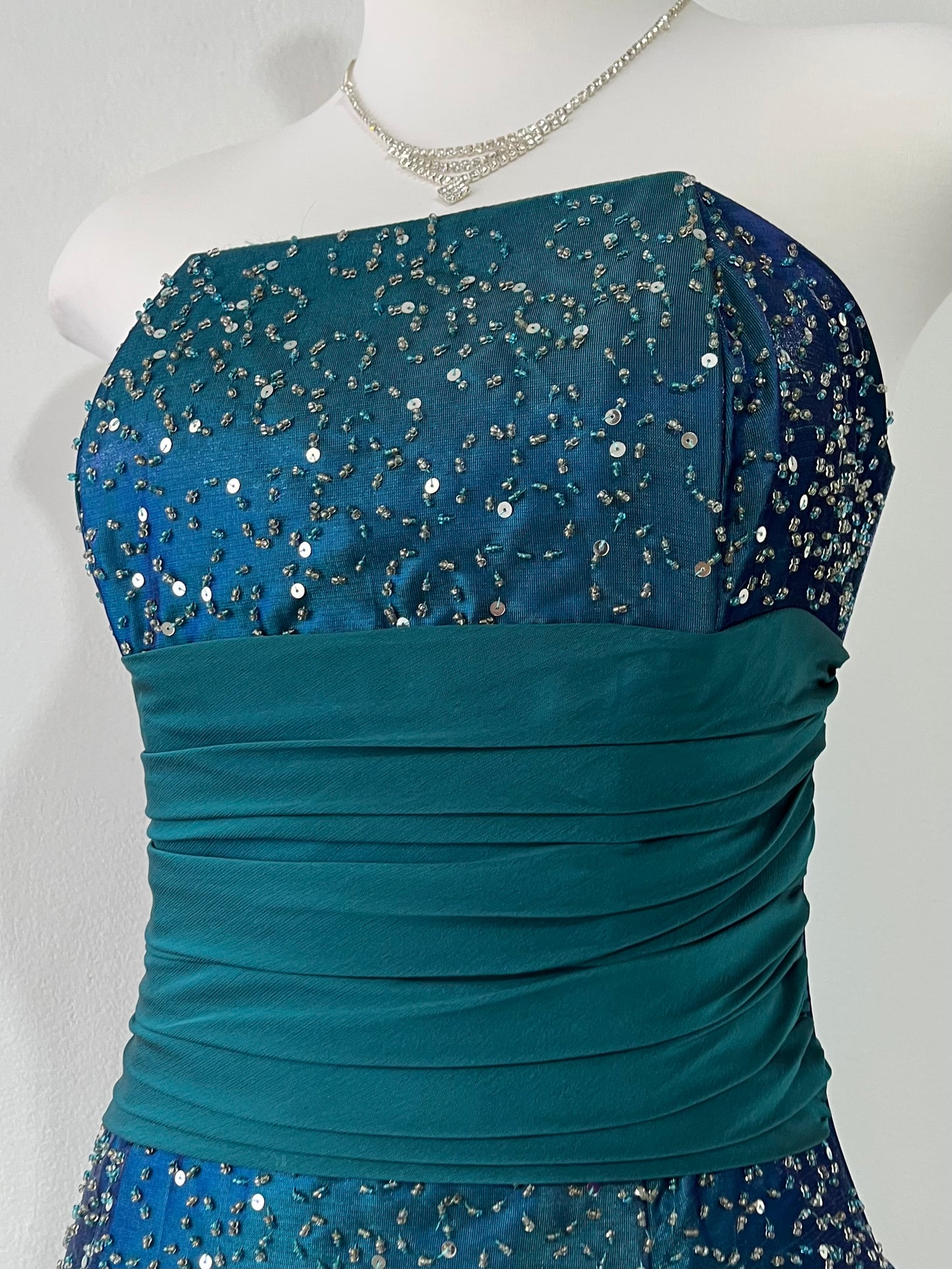 Iridescent teal corset dress with exquisite embellishments and hand-embroidered beads+ matching shawl