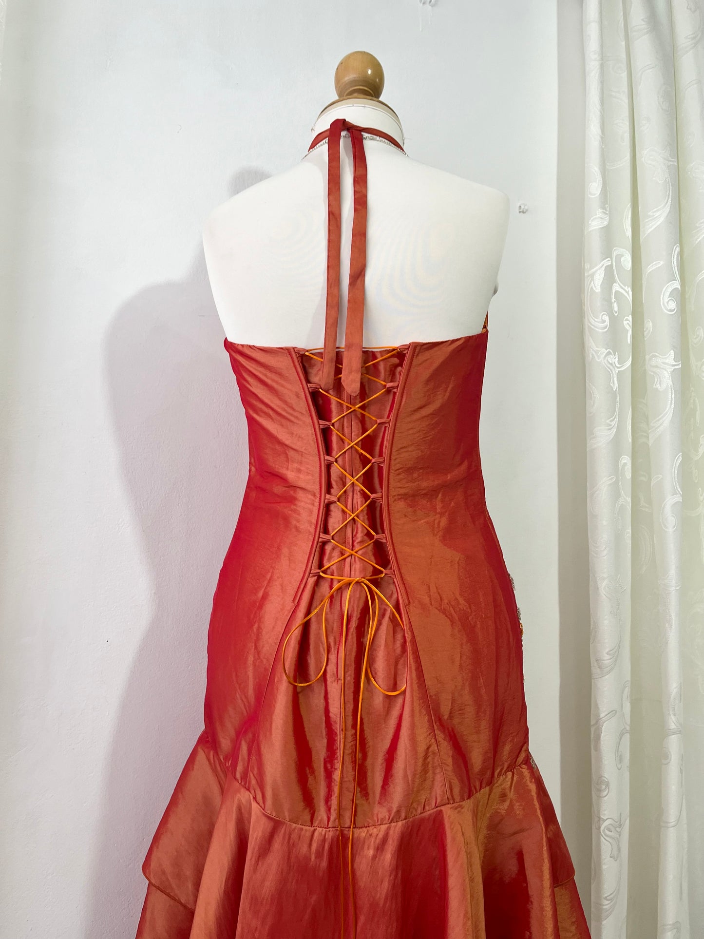Amber taffeta corset dress decorated with exquisite hand-embroidered beads-size L