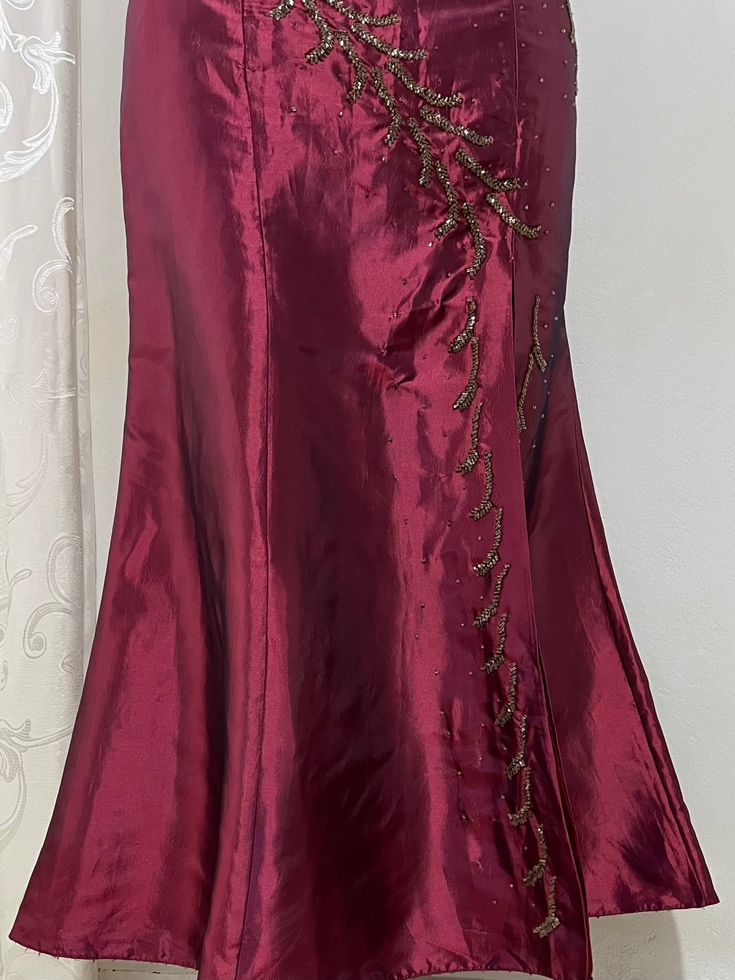 Iridescent burgundy corset dress with exquisite hand embroidery of sequins and rhinestones- size M