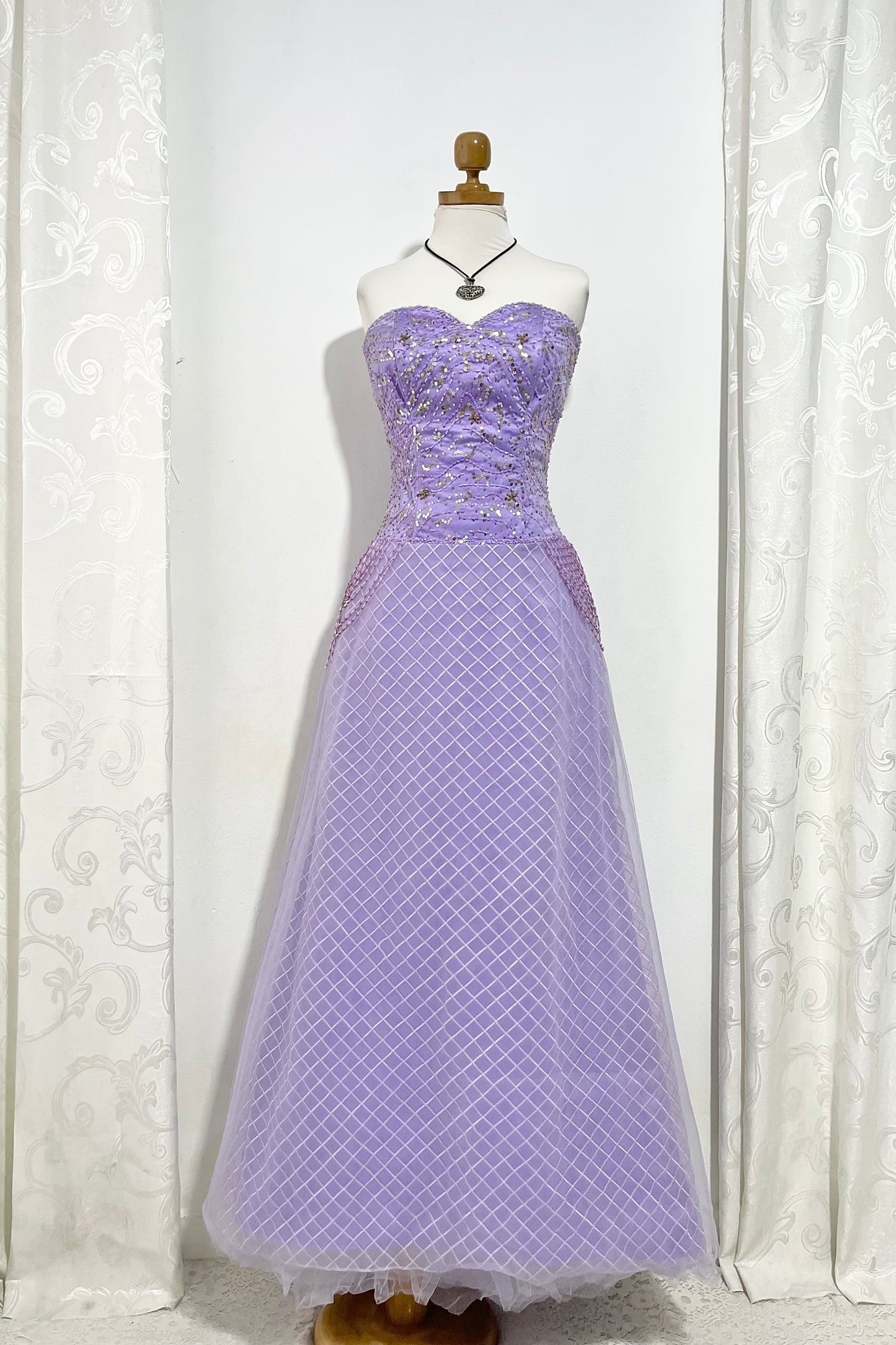 Vintage lilac corset gown dress with exquisite embroidery of embellishments and sequins- size S