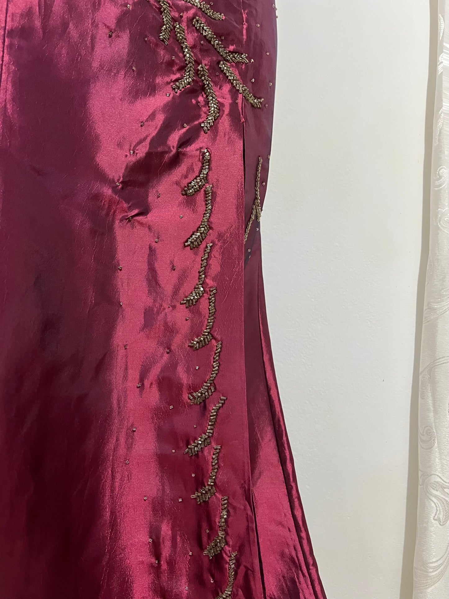 Iridescent burgundy corset dress with exquisite hand embroidery of sequins and rhinestones- size M