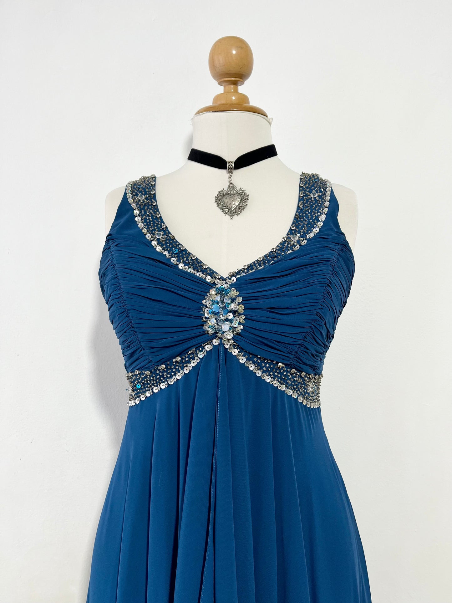 Navy blue corset dress in satin and tulle with rhinestone embroidery- size L/XL