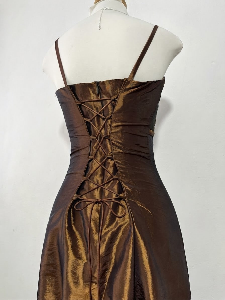 Vintage copper brown taffeta evening dress with bead embroidery, rhinestones and embellishments-size S/M
