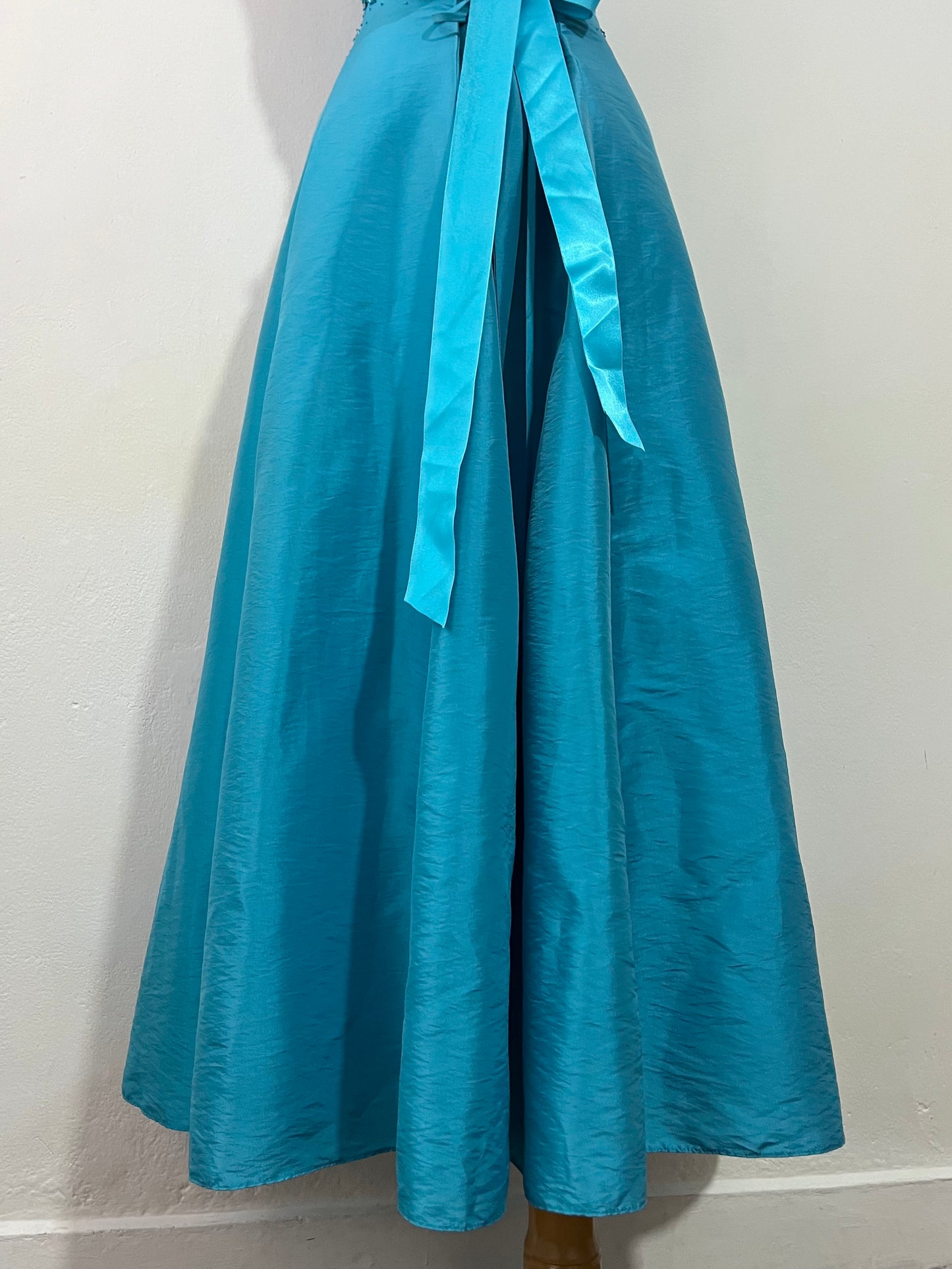 Corset evening dress in a vibrant turquoise color with exquisite handmade floral embroidery- size S