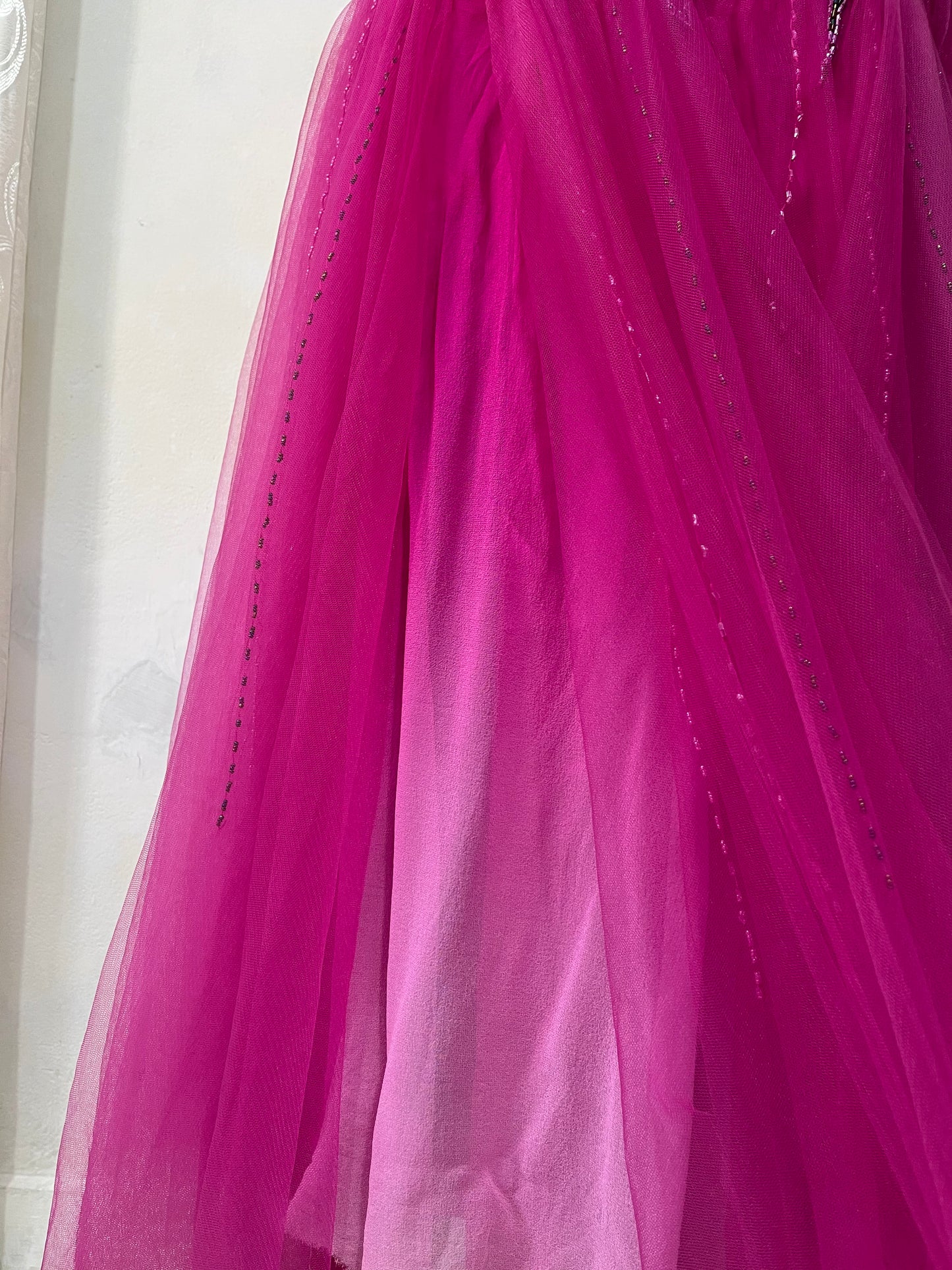 Magenta silk and chiffon dress with rhinestones and fine embroidered sequins