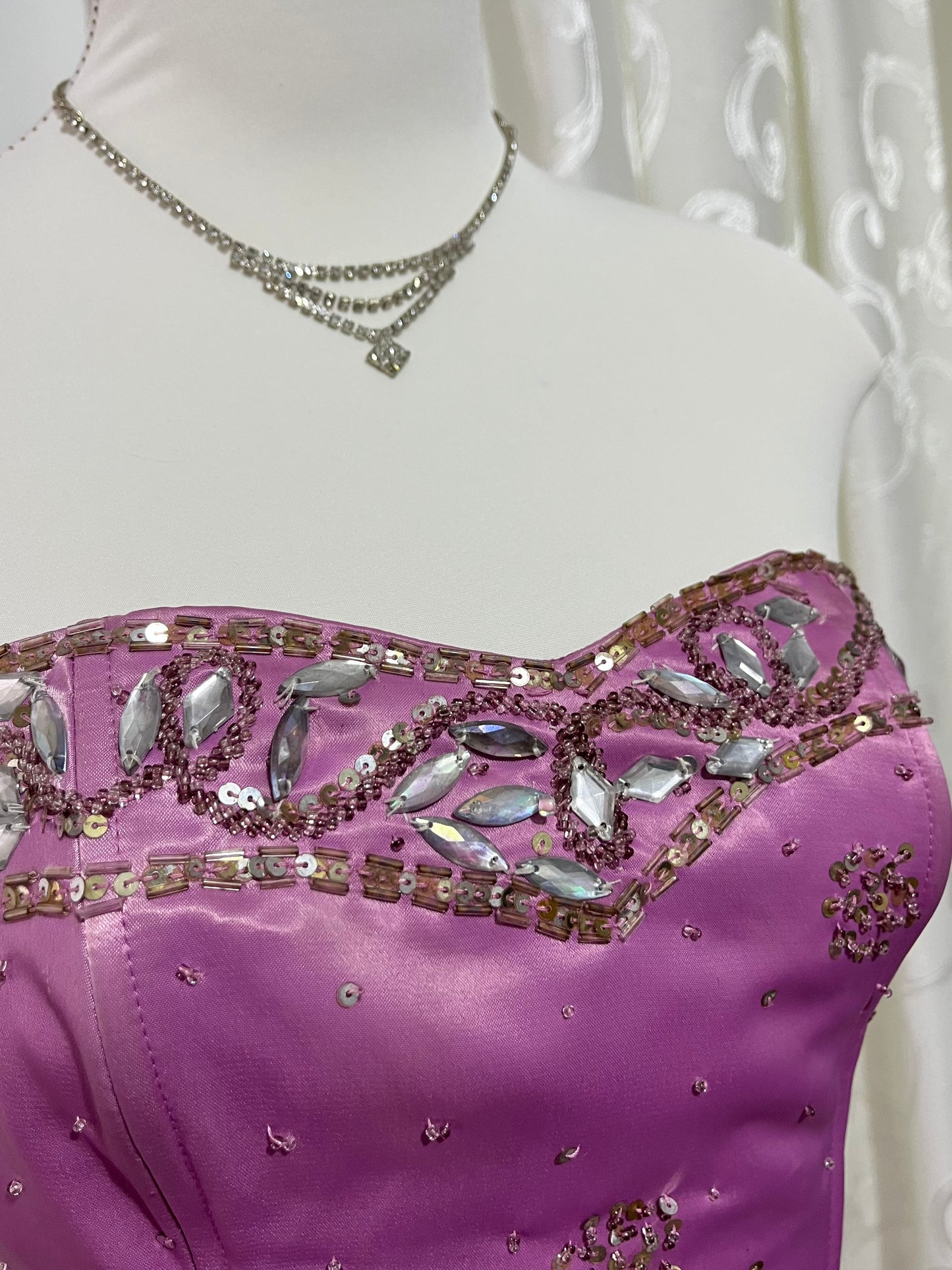Asymmetrical midi corset dress in lilac pink satin with rhinestone and bead embroidery- size S