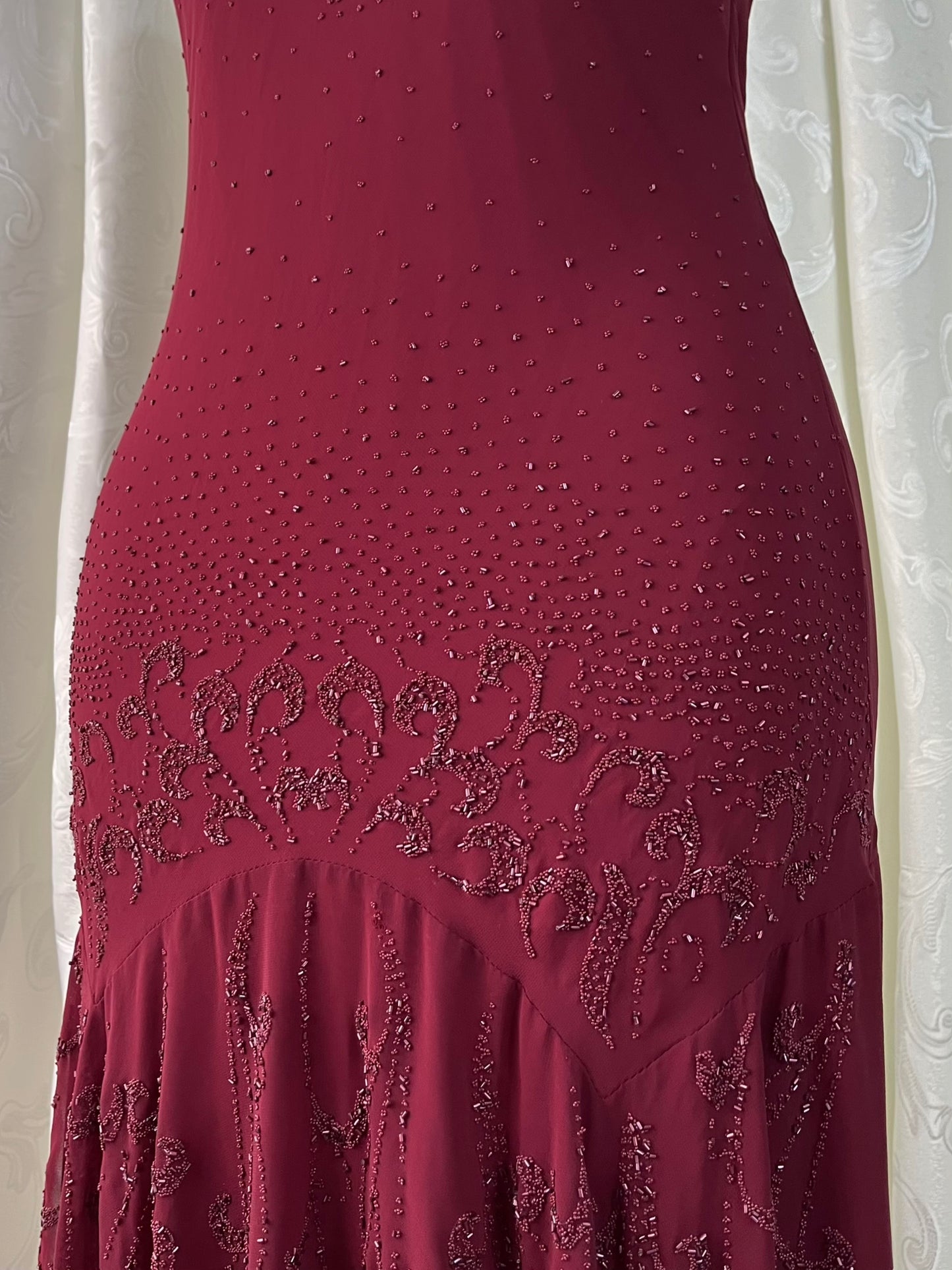 Burgundy gown dress with intricate designs and embroidery on the bodice and skirt - Size XL