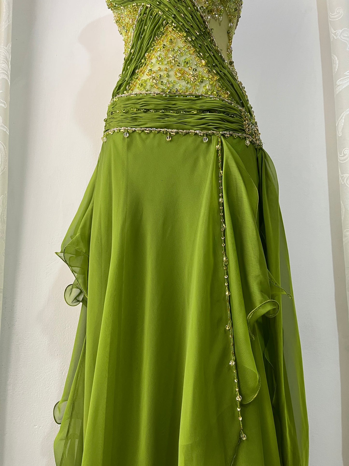 Dreamy fairy olive green dress with rhinestone and bead embroidery