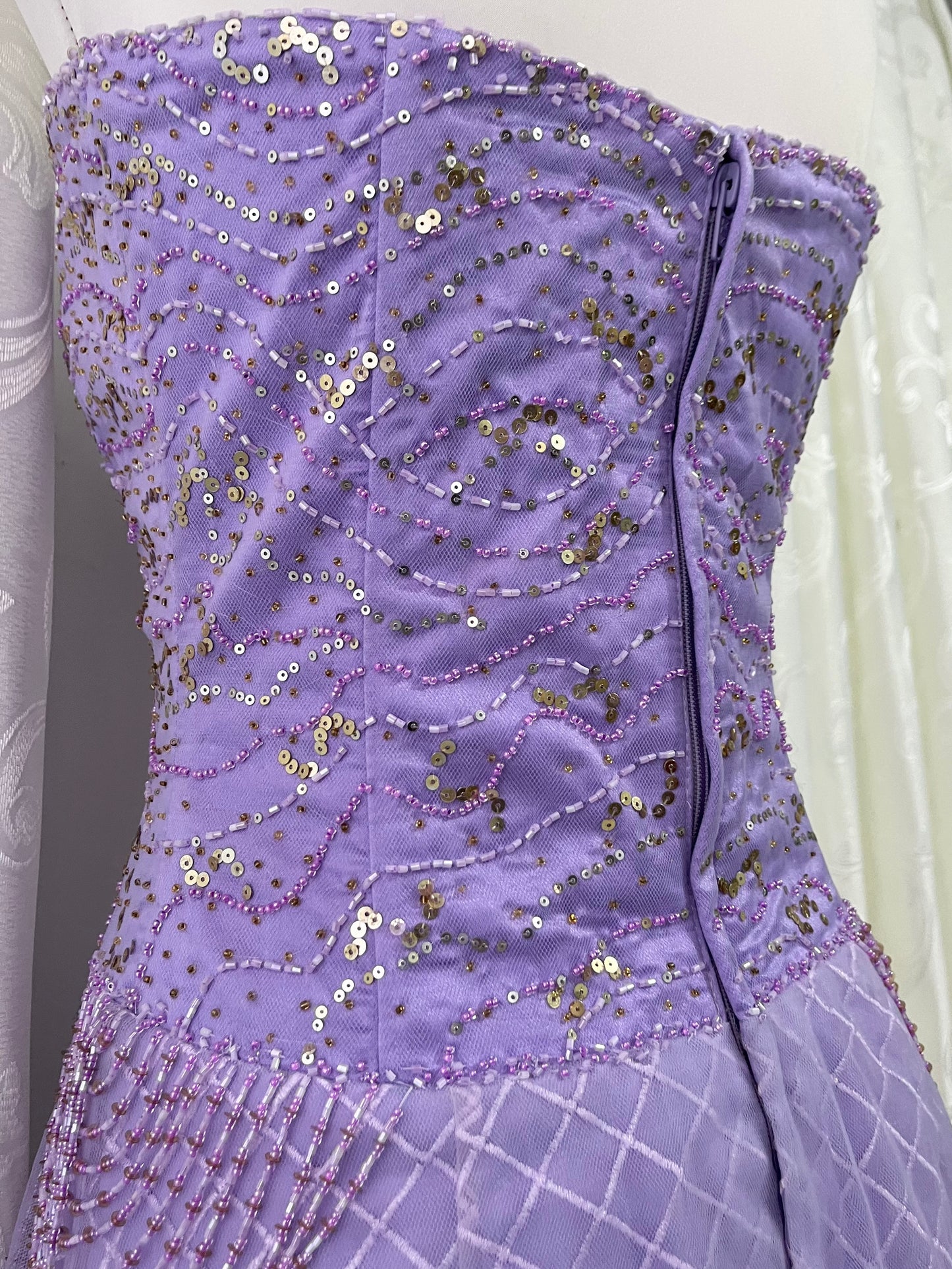 Lilac corset princess dress with exquisite embroidery of embellishments and sequins- size S