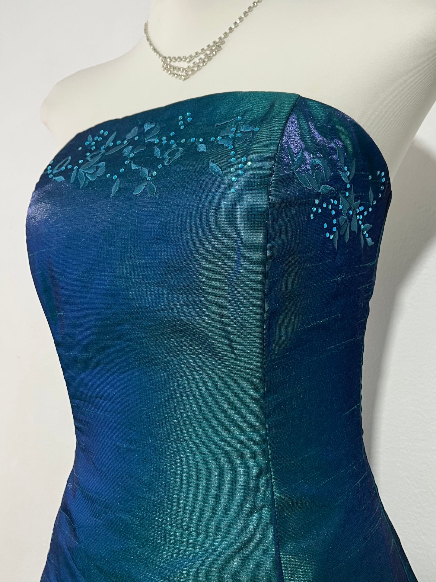 Teal corset dress in iridescent taffeta with floral appliqués and embroidery- size S