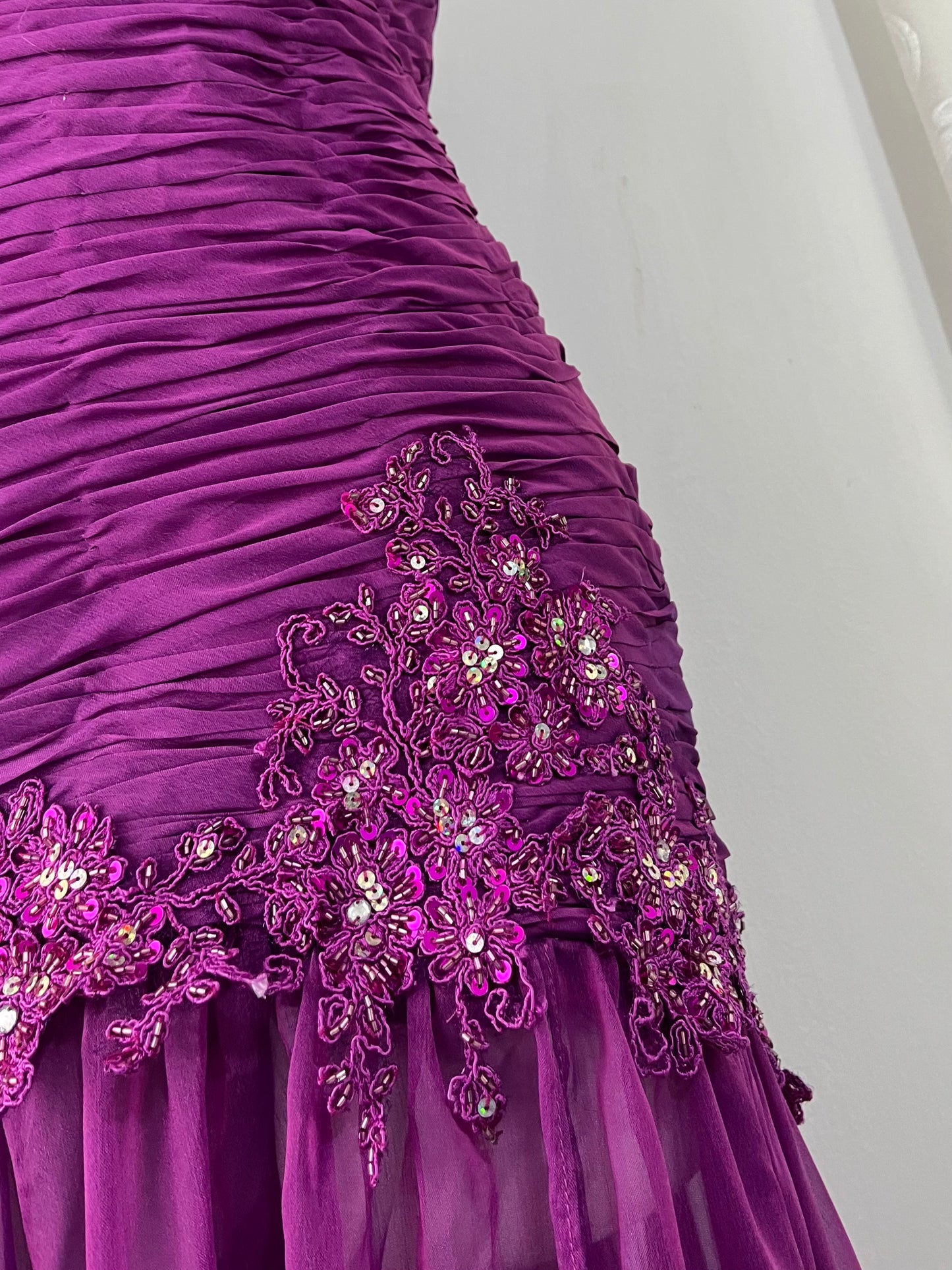 Purple corset dress with embroidered sequin and floral designs-one size: Fits S/M