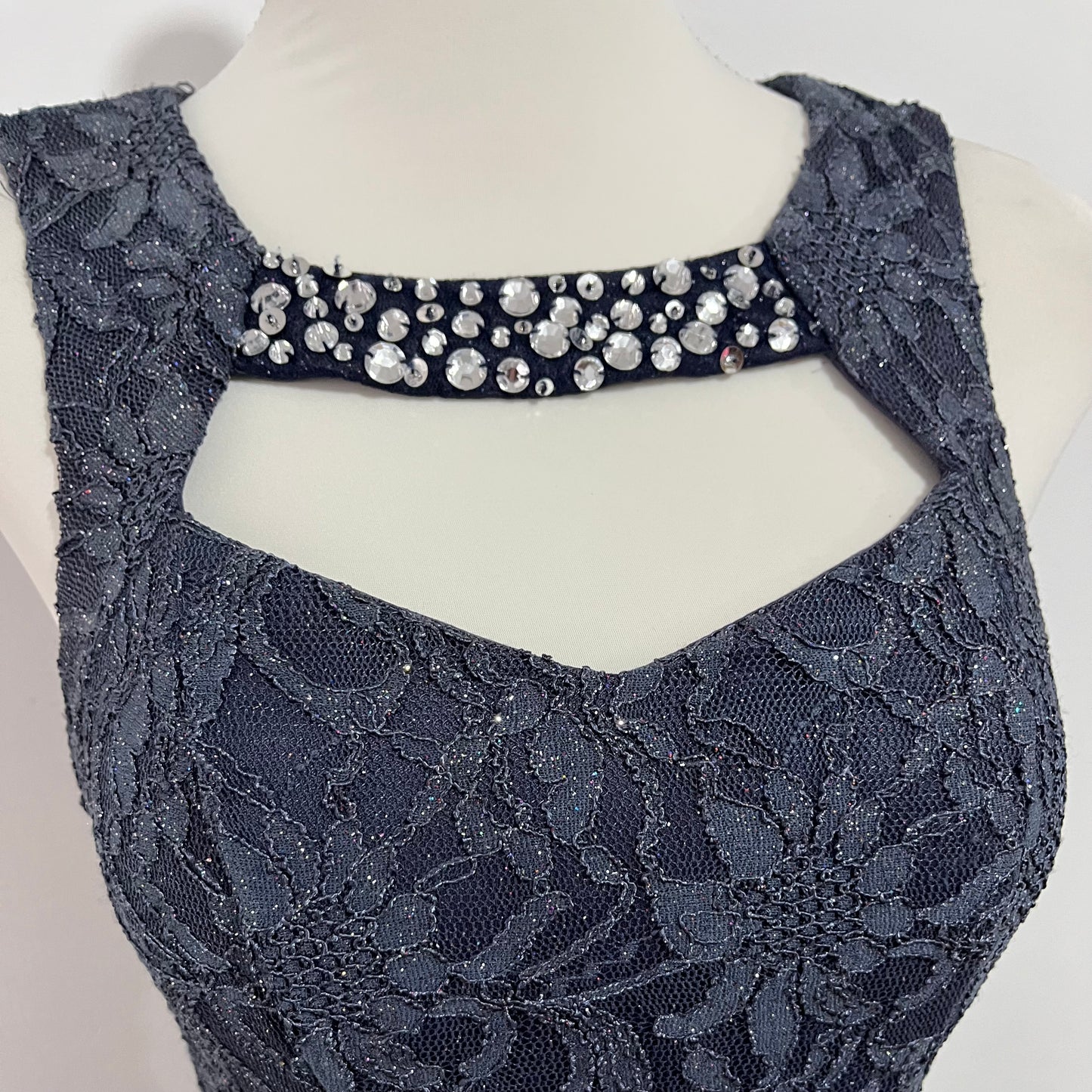 Lace maxi dress with silver appliqués, mermaid cut, beaded embroidery on the bodice, and a side slit- size S