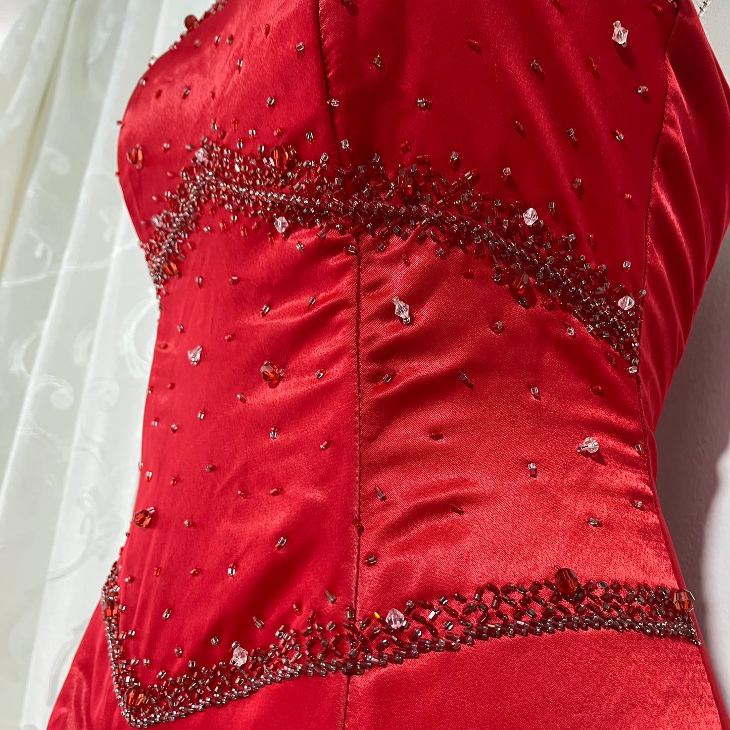 Red strapless corset evening gown with sequins and hand-sewn rhinestones- size M/L