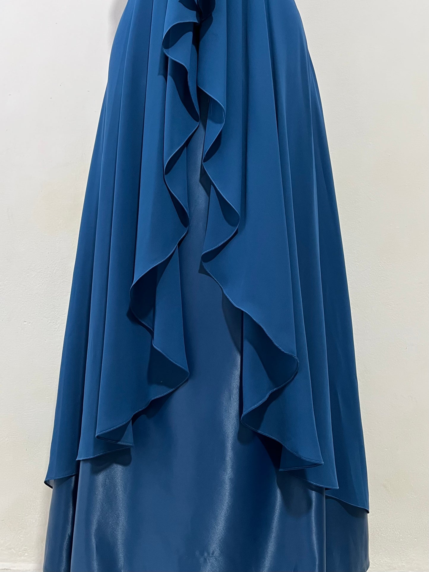 Navy blue corset dress in satin and tulle with rhinestone embroidery- size L/XL
