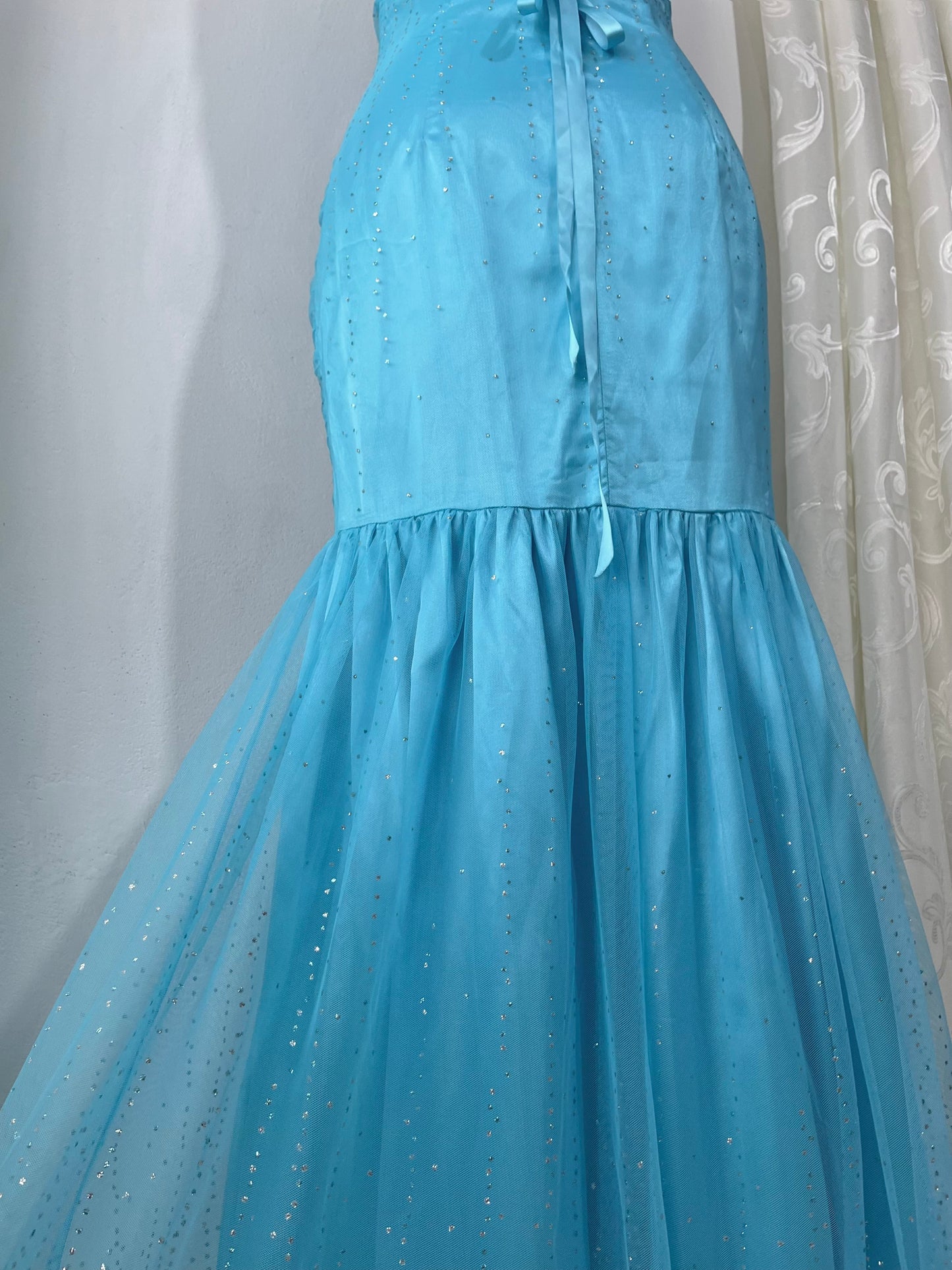 Light blue mermaid-style corset dress with silver sparkles-size S