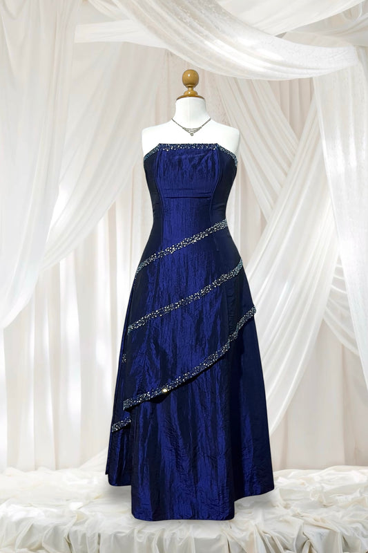 Vintage iridescent blue taffeta corset dress with bead and sequin embroidery- size M