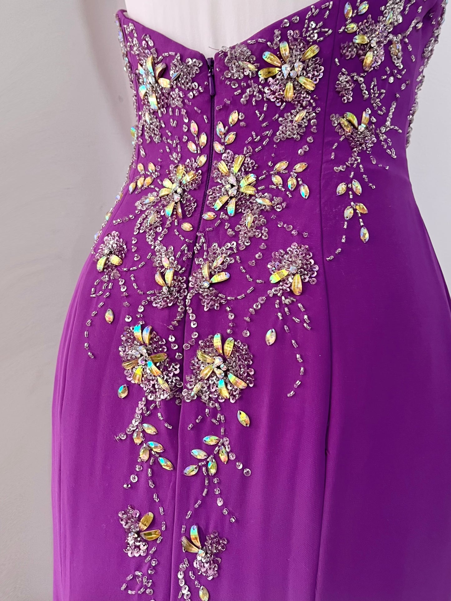 Amethyst purple dress with exquisite floral embroidery, rhinestones and embellishments-size S/M