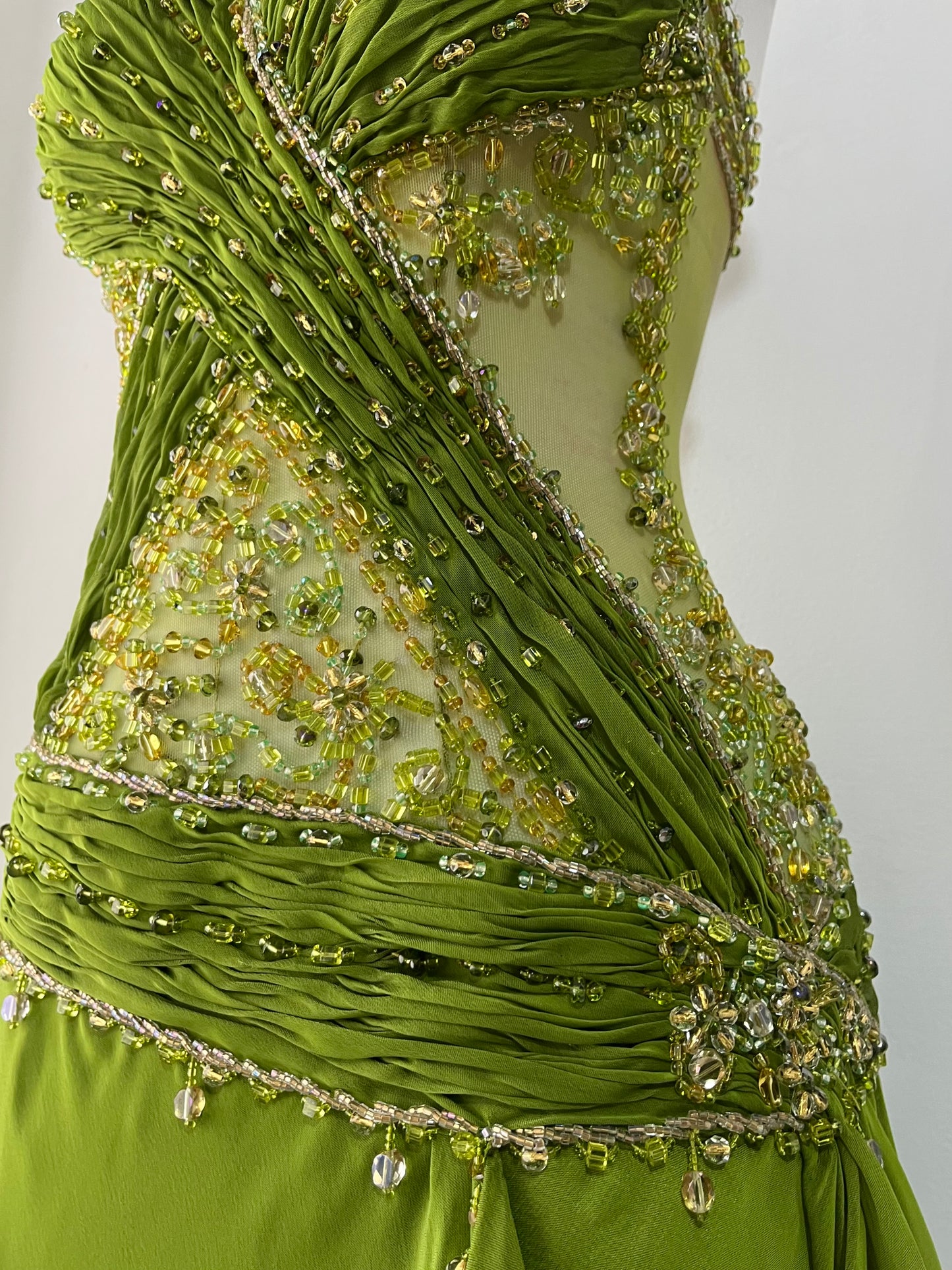 Dreamy fairy olive green dress with rhinestone and bead embroidery
