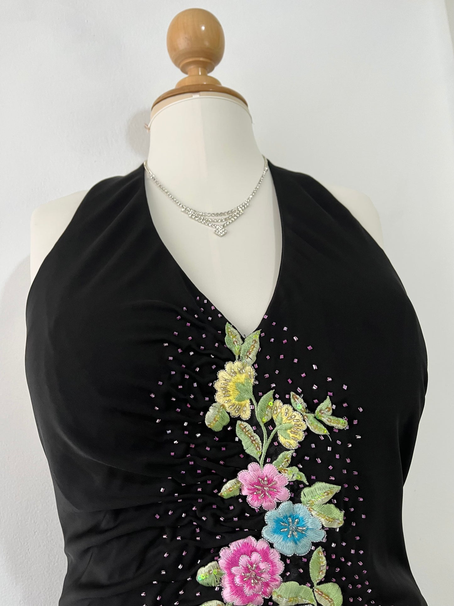 Halter gown with draped bodice featuring floral appliqué embroidered designs and asymmetrical silk point skirt-size XL