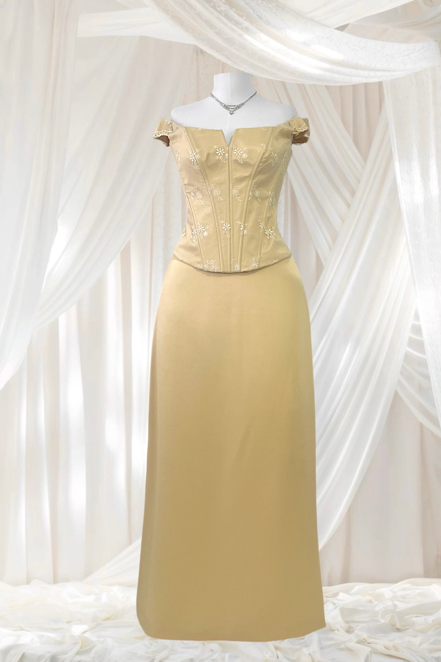 Pale gold satin silk set 2 piece corset and maxi skirt- Size M