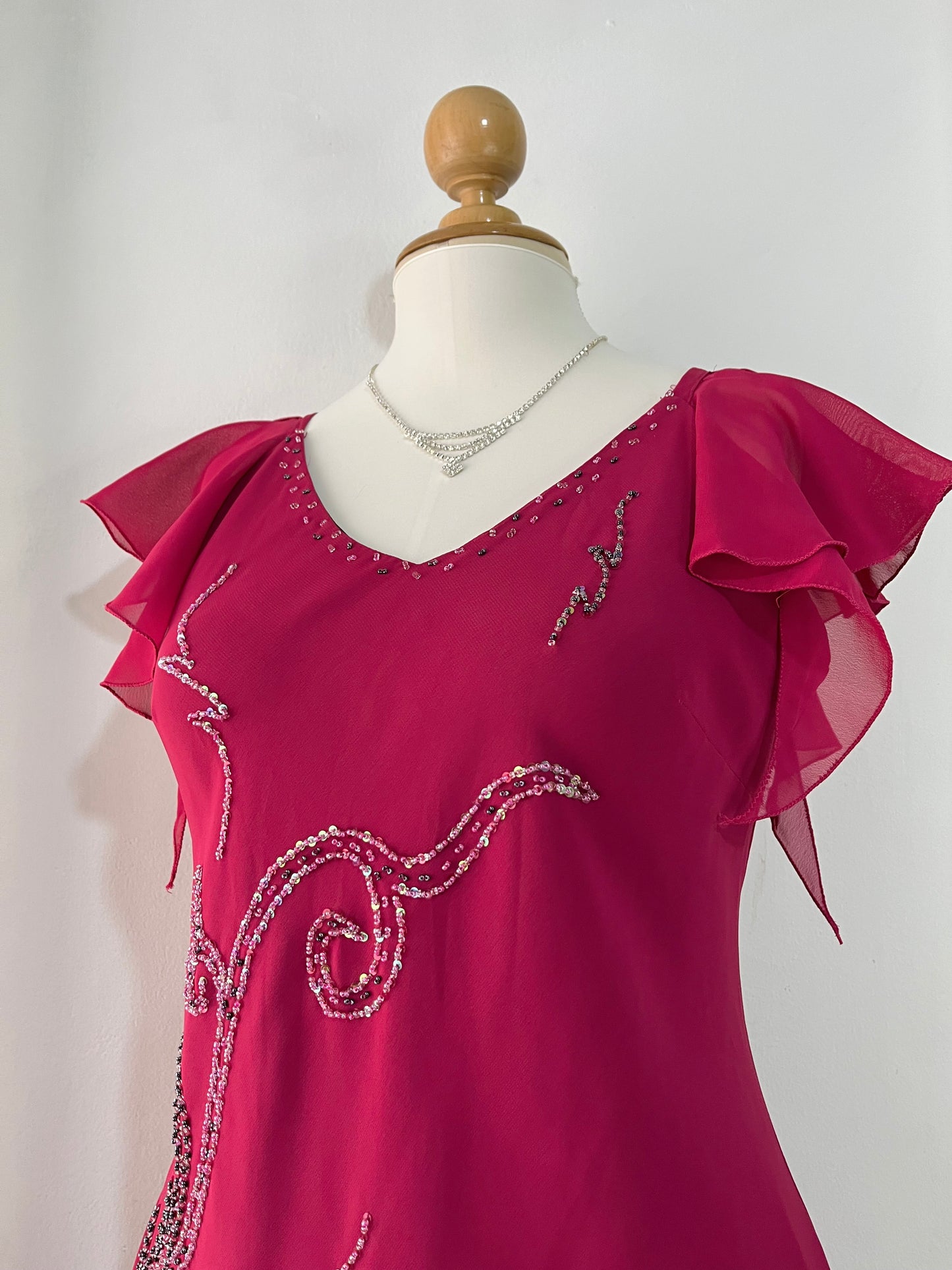 Fuchsia Midi Dress with Butterfly Sleeves and hand-embroidered rhinestone details- size XL
