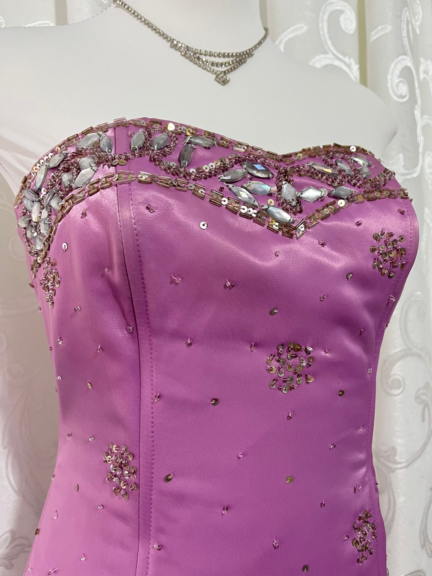 Asymmetrical midi corset dress in lilac pink satin with rhinestone and bead embroidery- size S