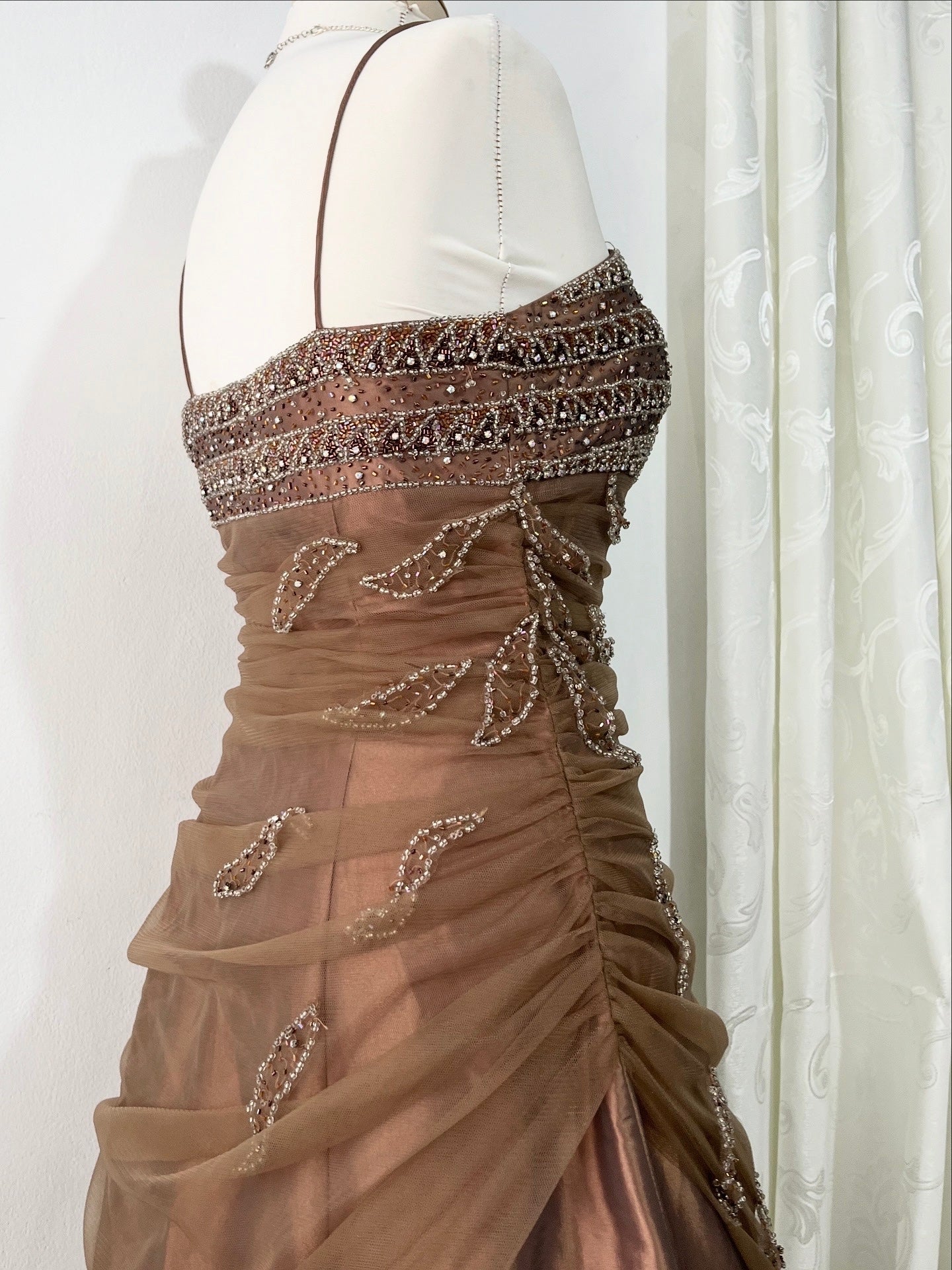 Bronze evening gown with embroidered designs of rhinestones and embellishments-size M