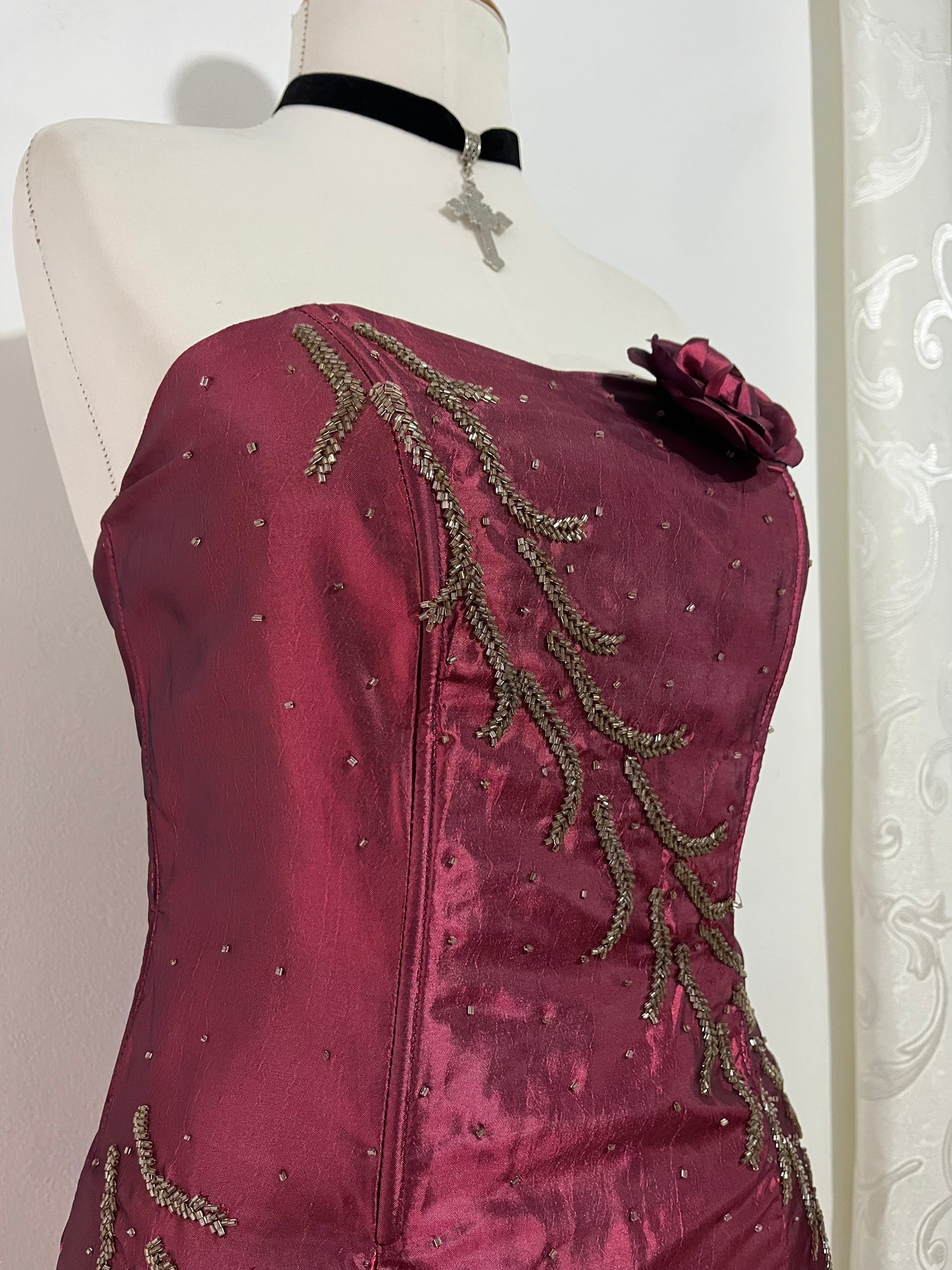 Iridescent burgundy corset dress with exquisite hand embroidery of sequins and rhinestones- size M