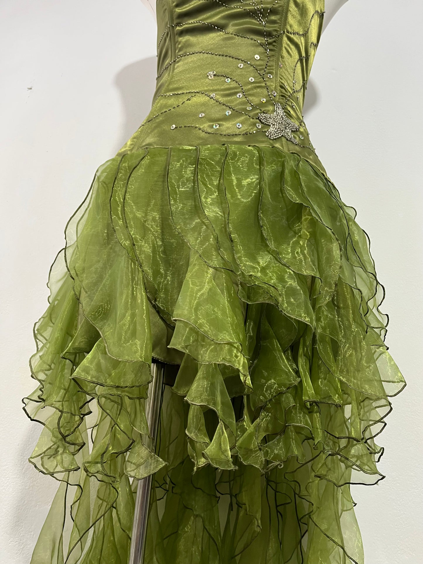 Olive green high-low corset dress with hand-embroidered rhinestones and ruffles- size S