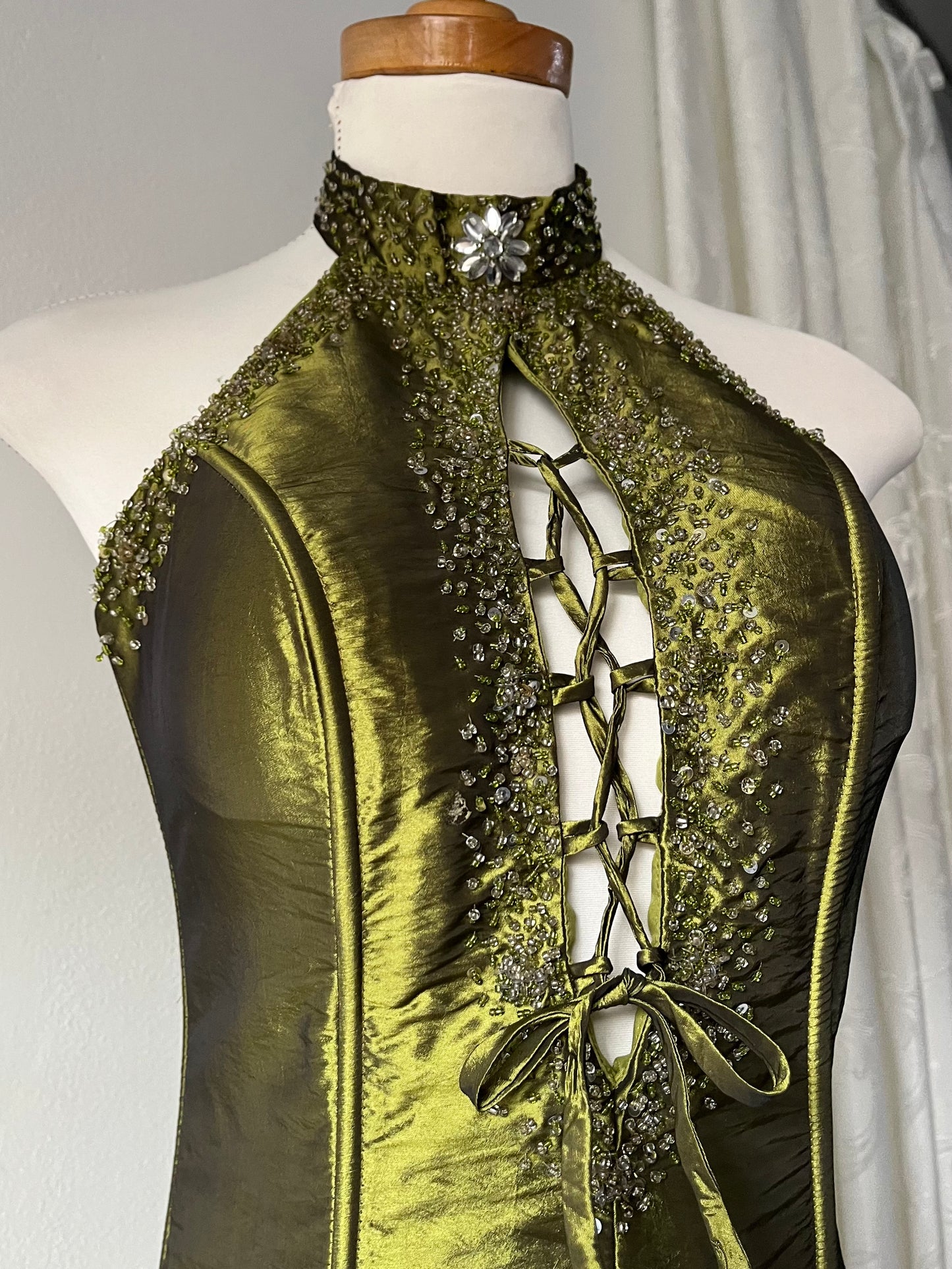 Iridescent taffeta green corset dress with exquisite hand embroidery of sequins and rhinestones- size S