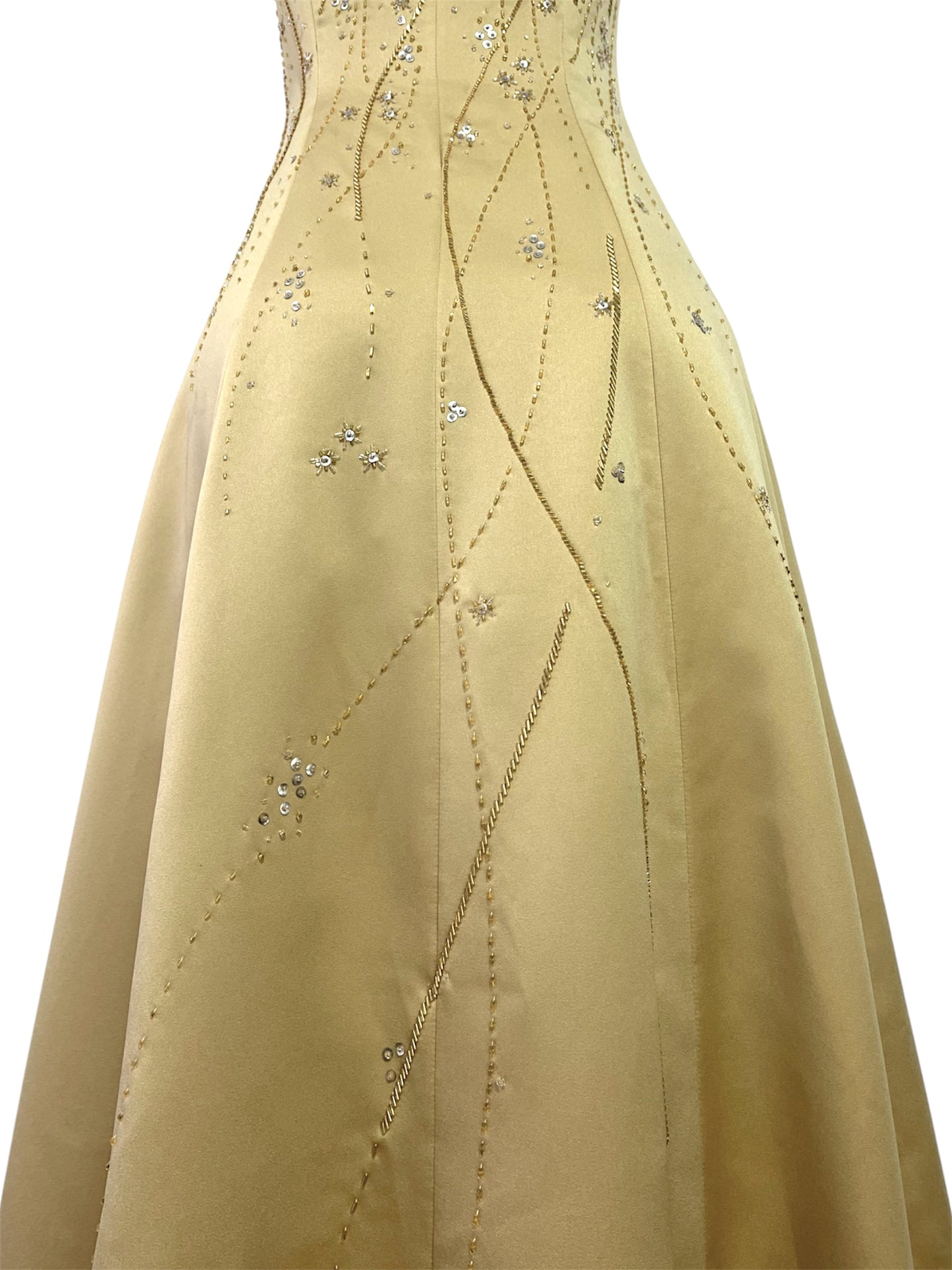 Champagne evening dress with exquisite handmade floral embroidery- size S