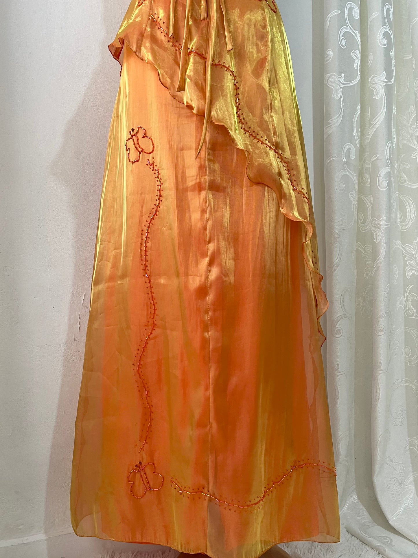Gradient amber gown with asymmetrical overskirt and beaded embroidery-size S