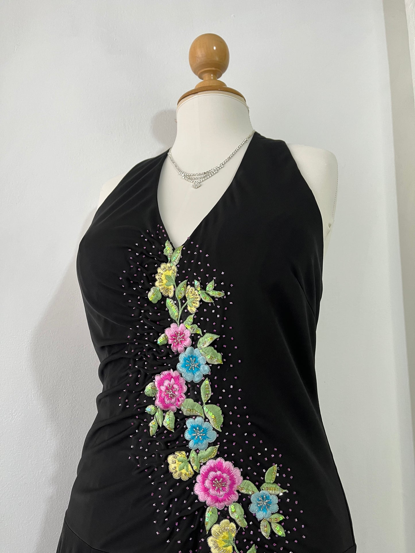 Halter gown with draped bodice featuring floral appliqué embroidered designs and asymmetrical silk point skirt-size XL