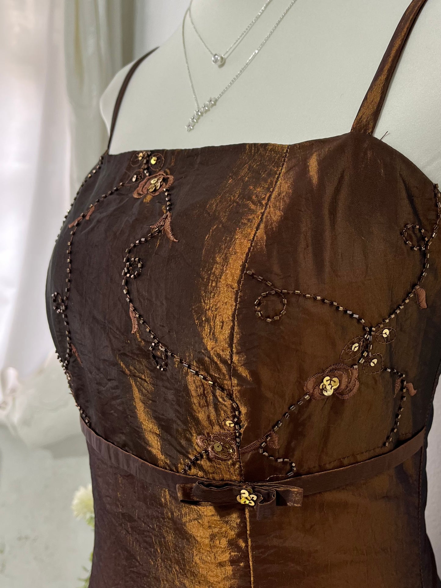 Vintage copper brown taffeta evening dress with bead embroidery, rhinestones and embellishments-size S/M
