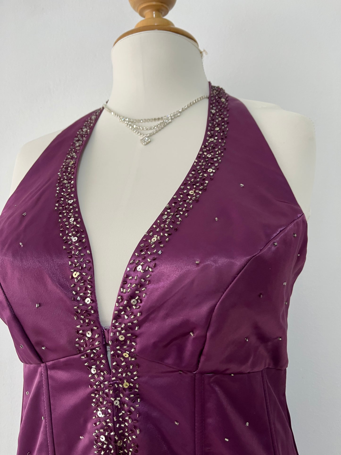 Purple satin corset dress with halter neckline and embroidered embellishments-size L