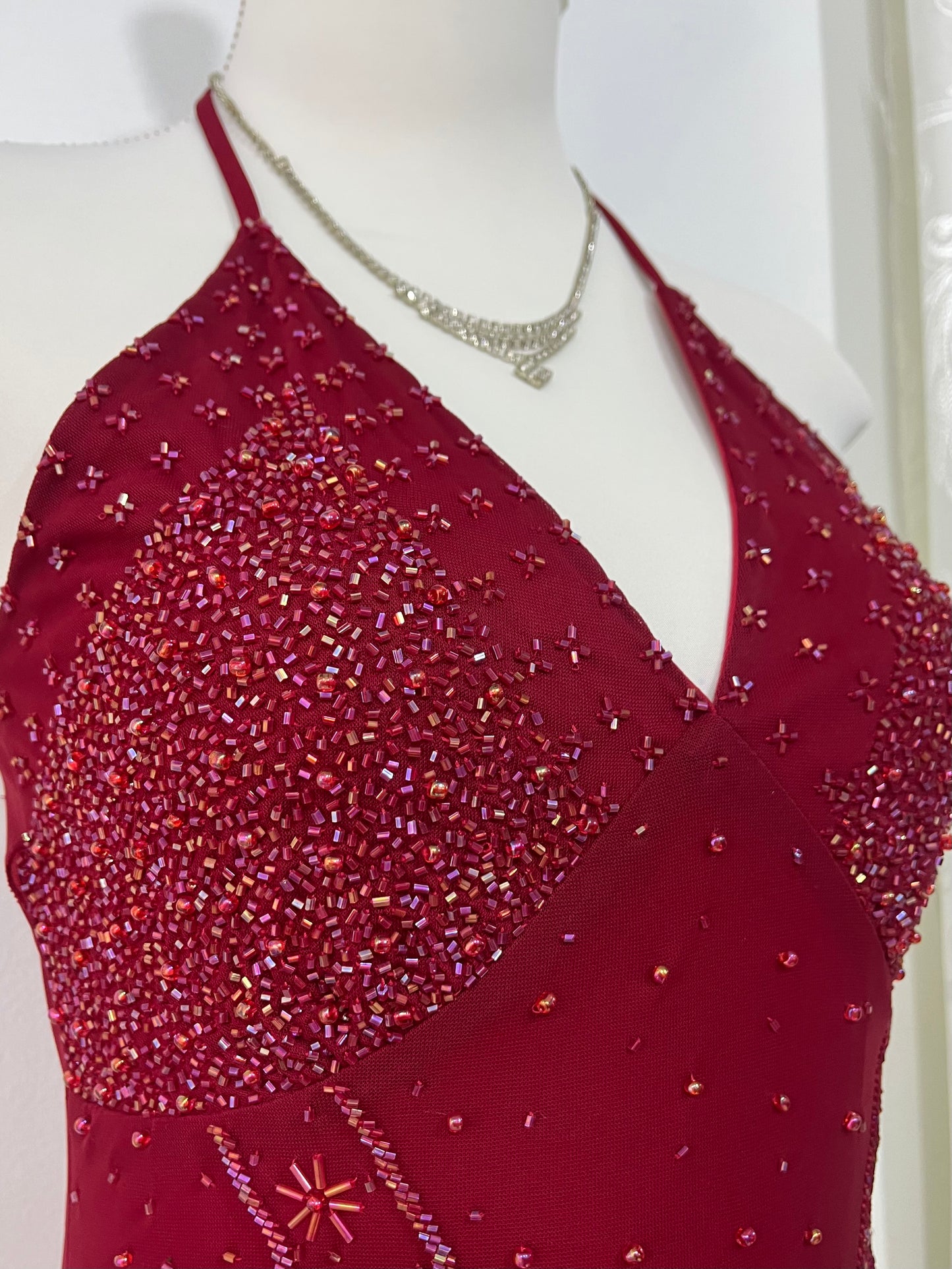 Red dress with rhinestone and fine sequin embroidery