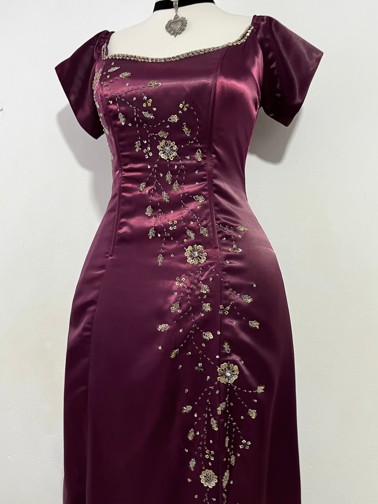 Wine purple satin corset dress with exquisite sequin and rhinestone embroidery- L/XL