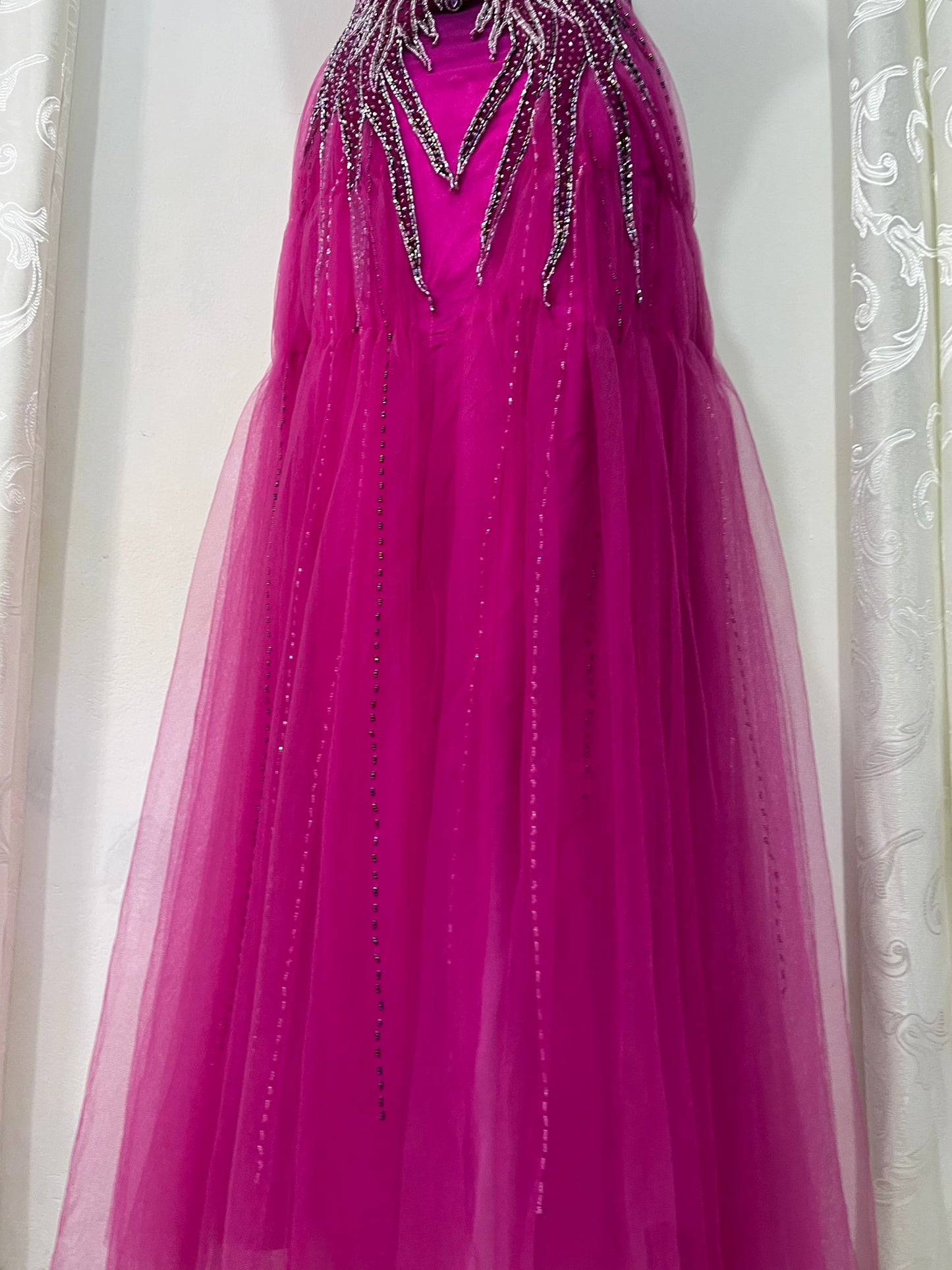 Captivating halter evening dress with fuchsia to dark violet gradient and rhinestone embroidery- size S