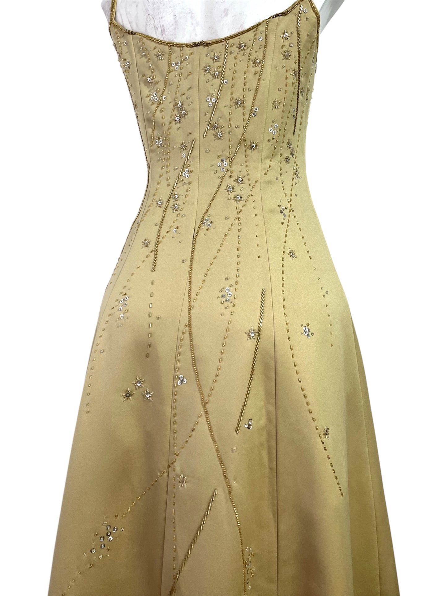 Champagne evening dress with exquisite handmade floral embroidery- size S