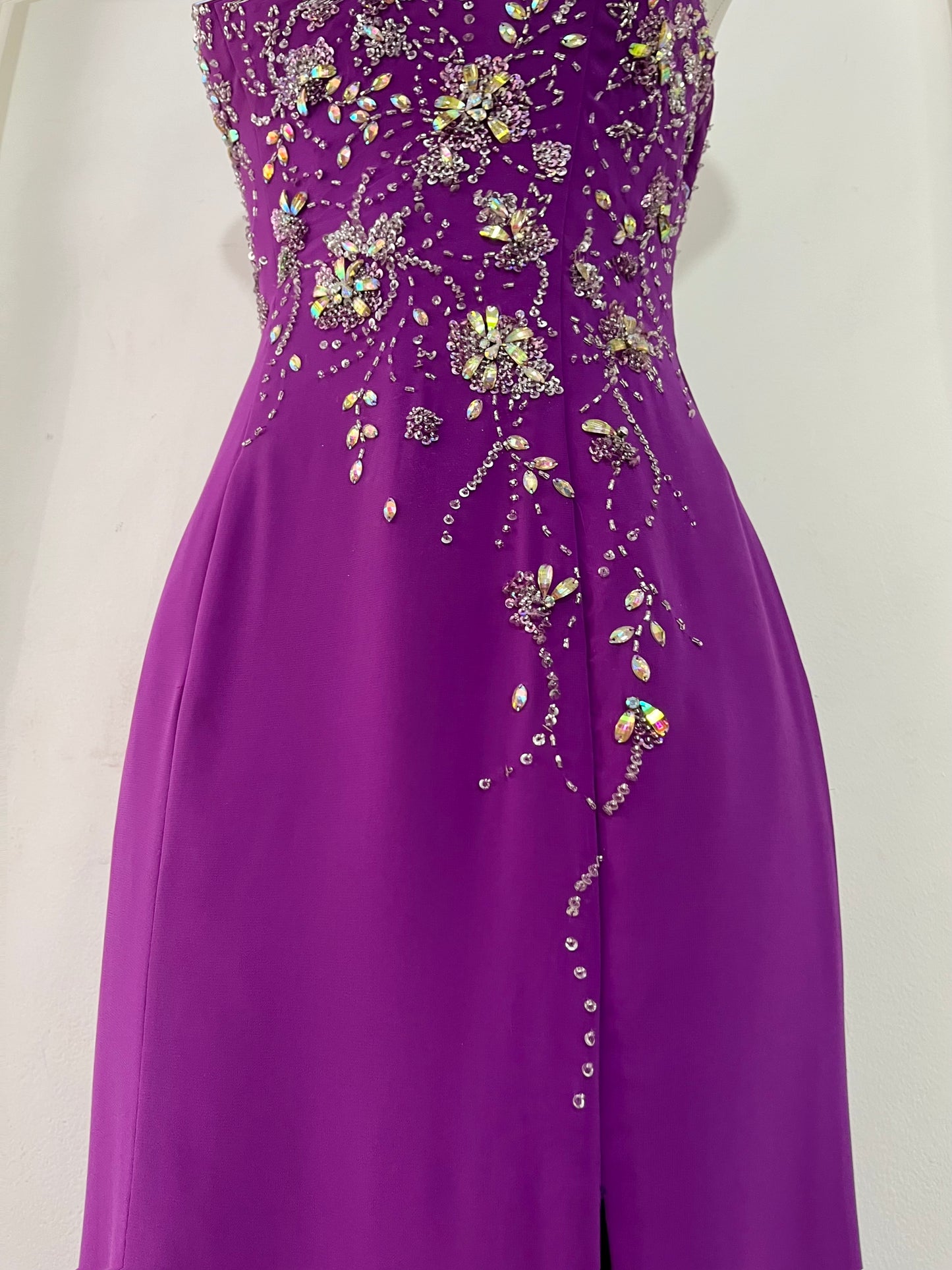 Amethyst purple dress with exquisite floral embroidery, rhinestones and embellishments-size S/M