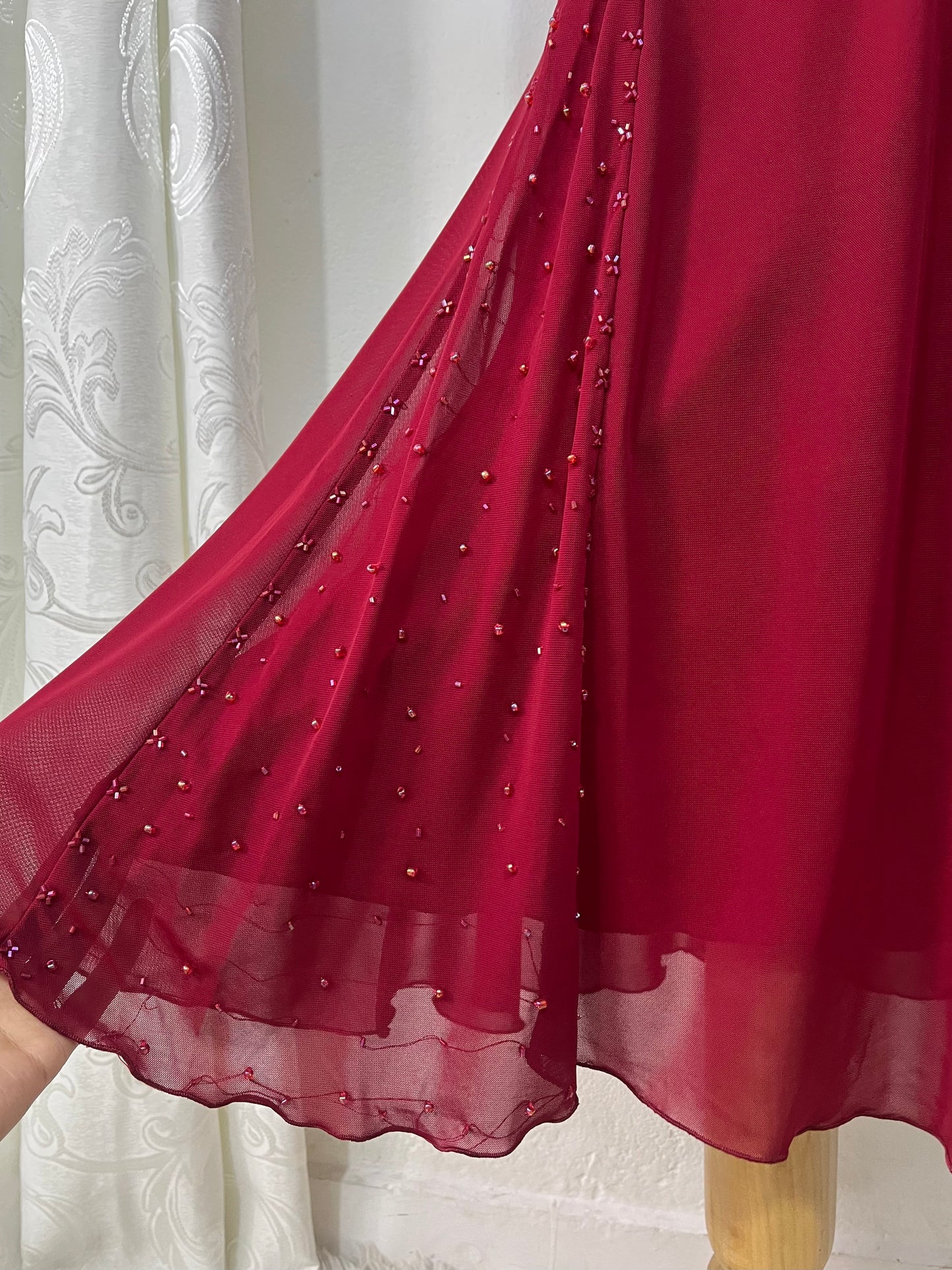 Red dress with rhinestone and fine sequin embroidery