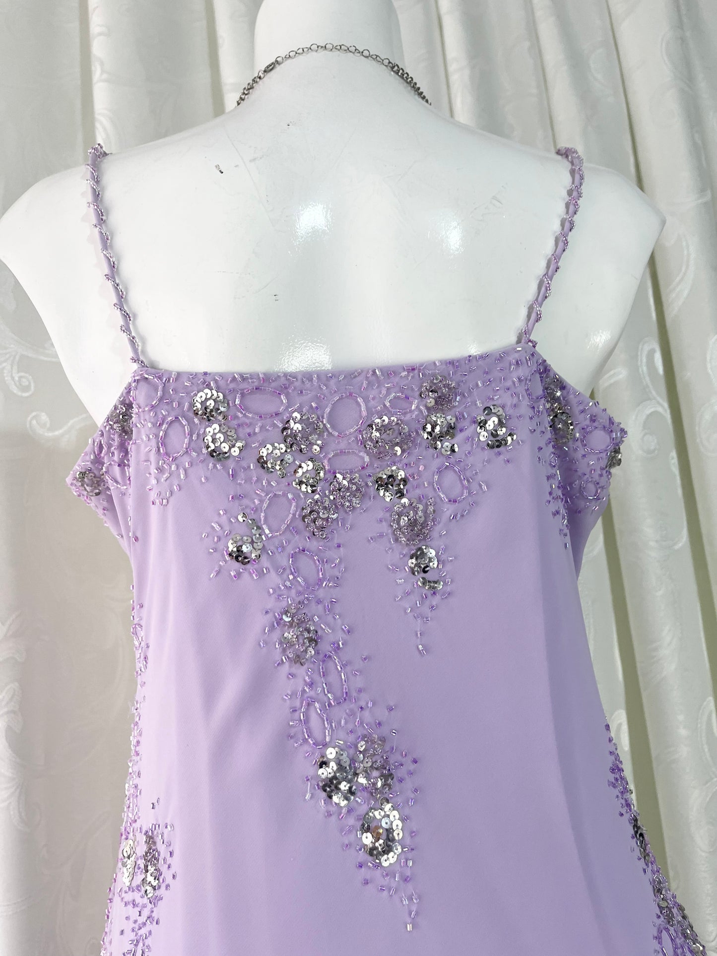 Captivating long dress in pastel lavender with sequin and bead embroidery